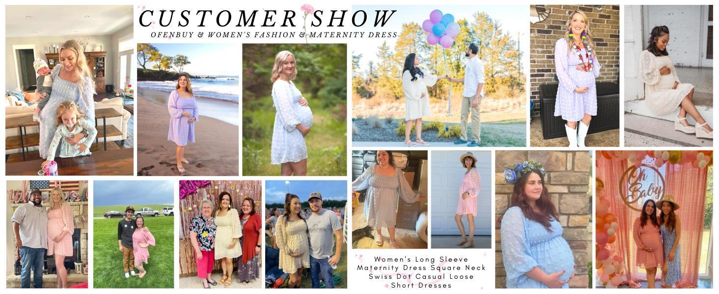 Imily Bela Women's Maternity Long Sleeve Dress Square Neck Swiss Dot Summer Casual Loose Short Dresses