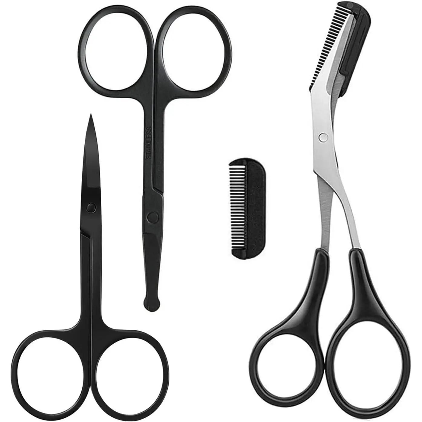 Eyebrow Scissors with Comb, Facial Hair Small Grooming Scissors For Men Women - Eyebrow Trimmer Scissor for Eyebrows, Nose Hair, Mustache, Beard, Eyelash - 3PCS Black