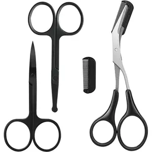 Eyebrow Scissors with Comb, Facial Hair Small Grooming Scissors For Men Women - Eyebrow Trimmer Scissor for Eyebrows, Nose Hair, Mustache, Beard, Eyelash - 3PCS Black