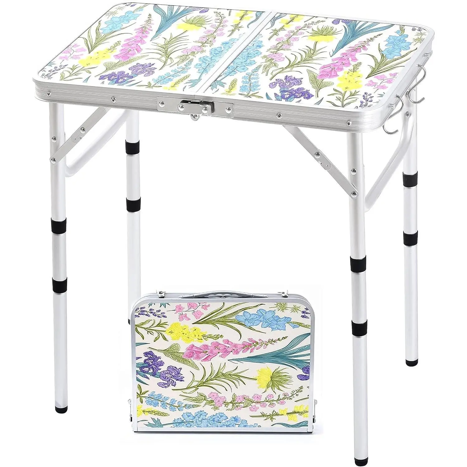 Folding Camping Table 2ft Portable Picnic Table, Blooming Floral | Adjustable Height, Carry Handle, Aluminum Foldable Lightweight Small Card Table for Outdoor, Indoor, Hiking, Camp, BBQ, Beach