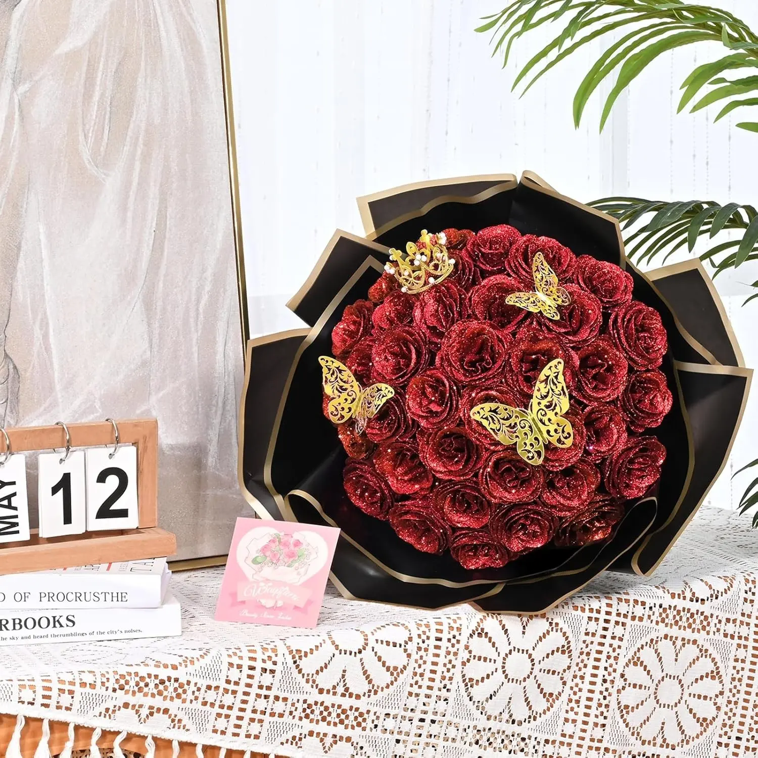 24pcs Glitter Roses Bouquet Set, DIY Fake Flowers with 3D Butterflies, Crowns, Ribbons, Perfect Gift for Women, Valentine's Day, Birthday, Wedding
