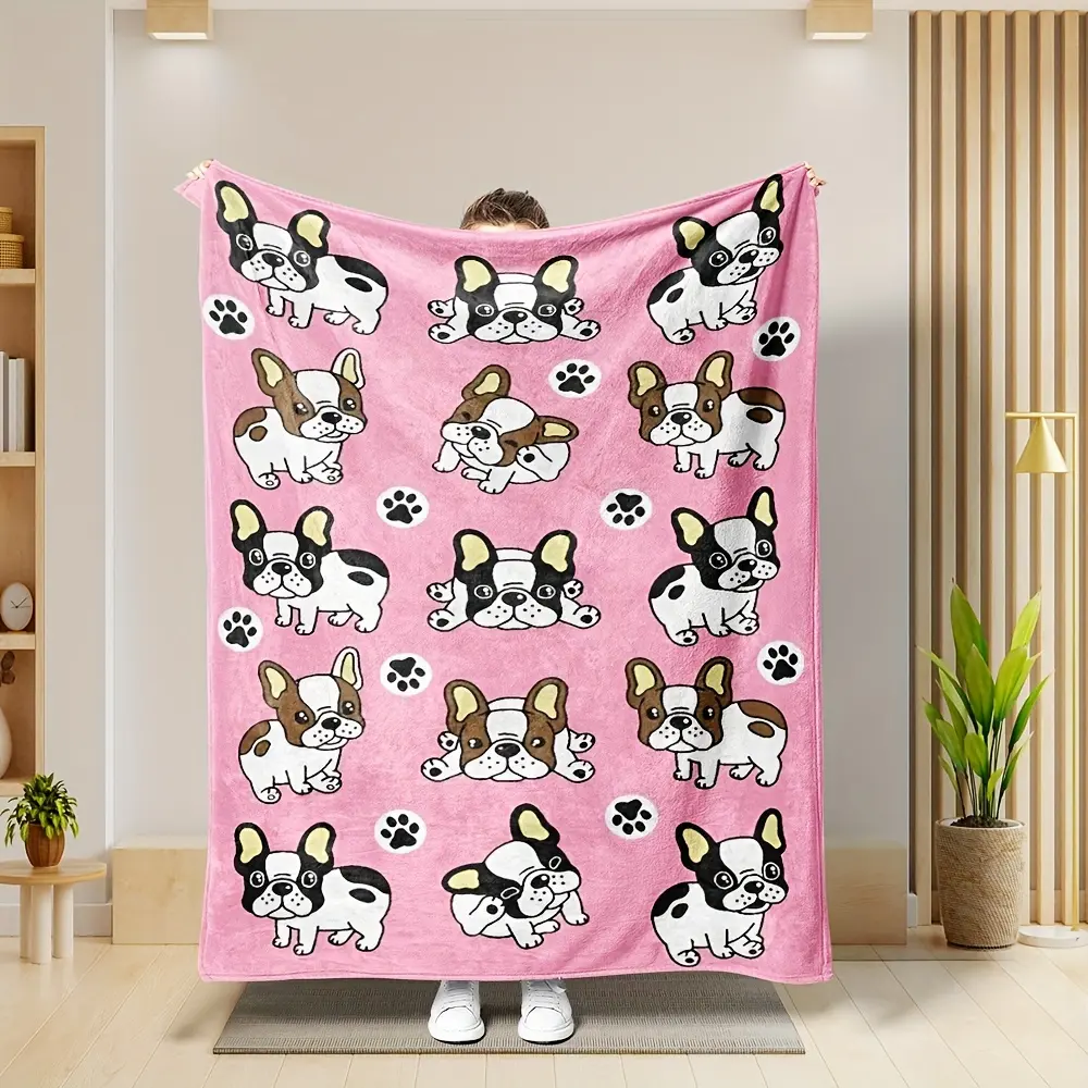 Cute French Bulldog Pattern Flannel Blanket Modern Polyester Rectangular Throw Soft Comfortable Home Decor for Multiple Uses Traditional Style
