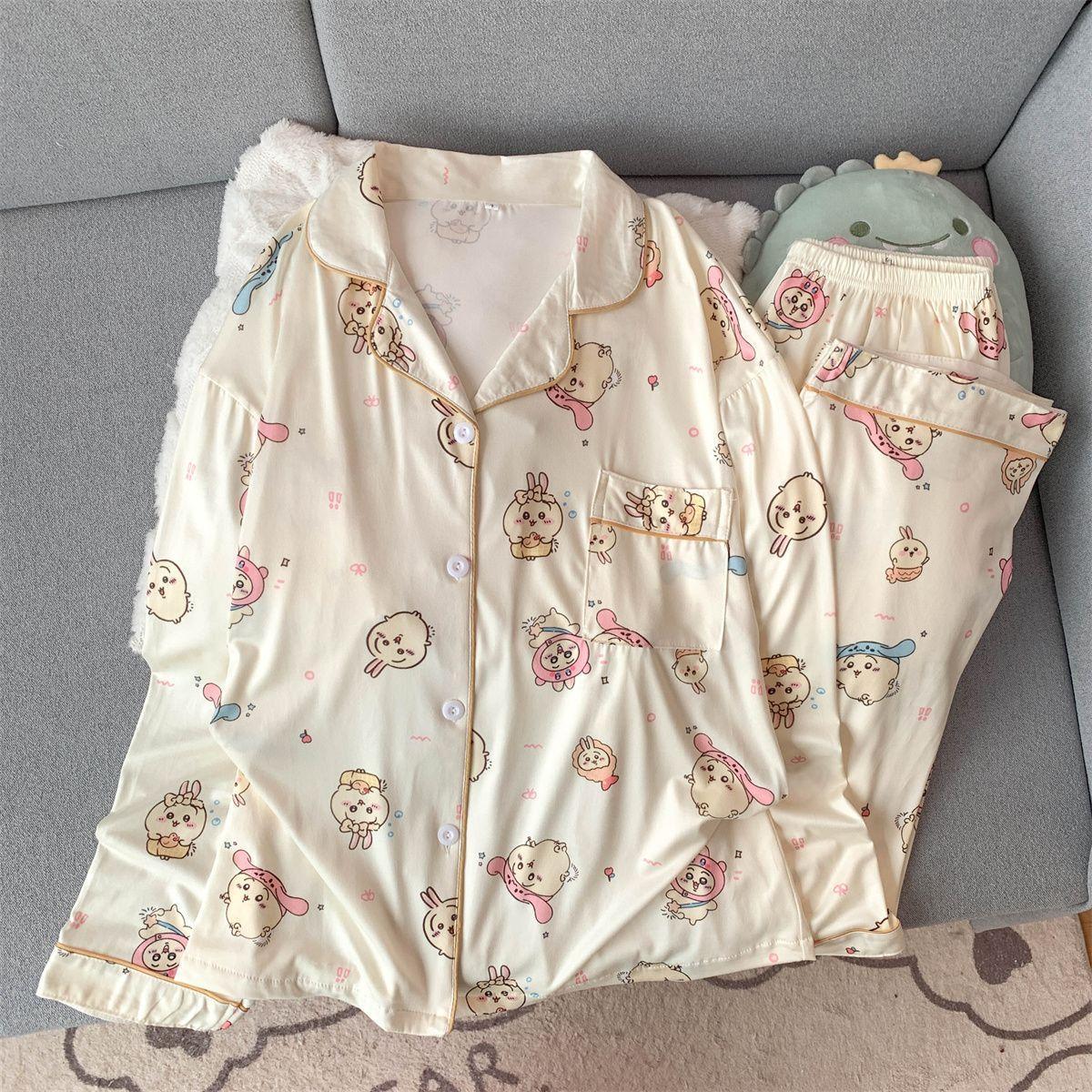 Chiikawa Usagi Cute Pajamas Set Women Spring Autumn Long Sleeve Pants Loungewear Kawaii Student Dormitory Home Sleepwear gift