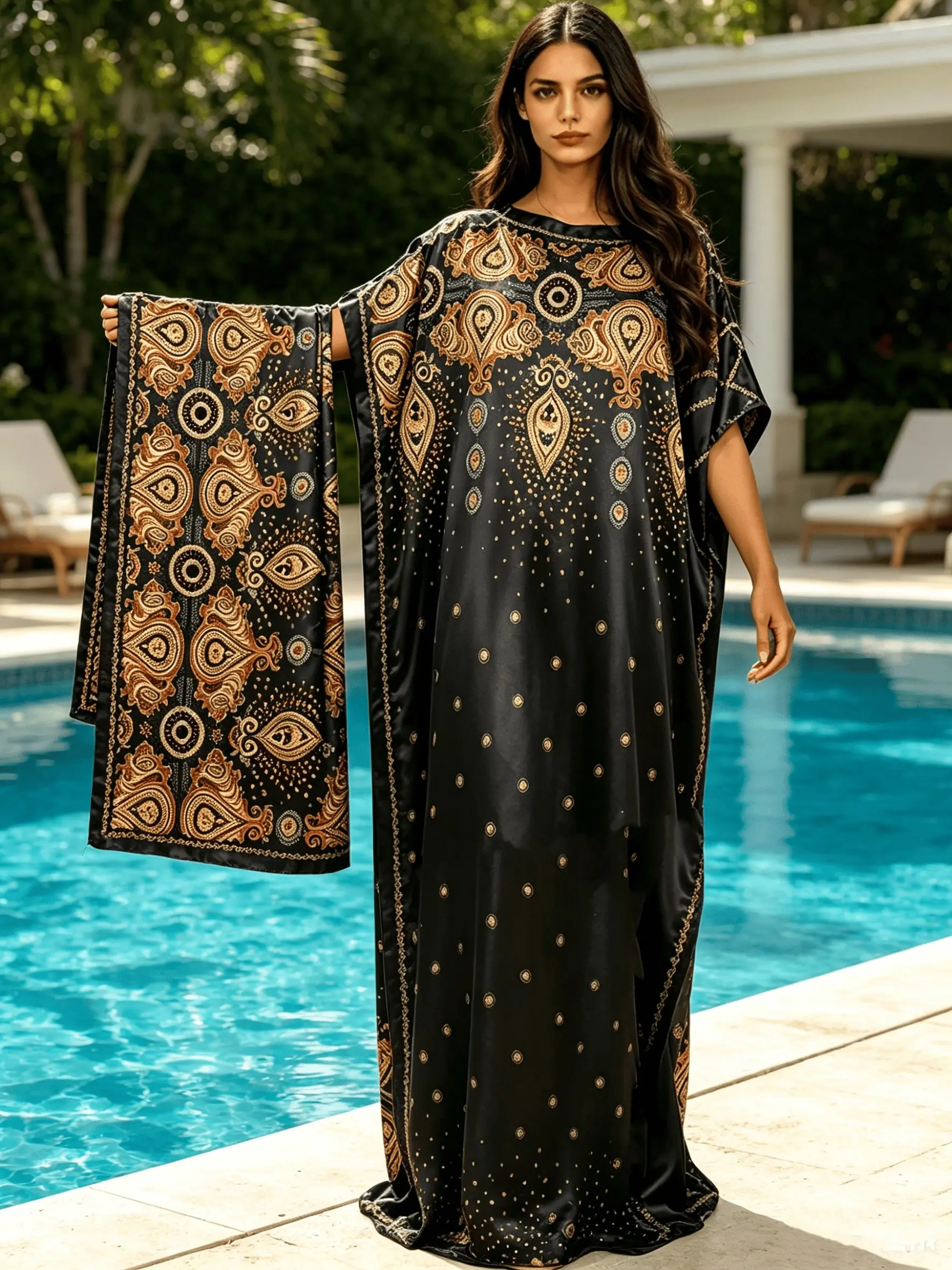 Women Oversized Black Vintage Golden Paisley Printed Caftan Maxi Dress Two Piece Outfit With Scarf, Loose Flowy Split Side Kaftan Robe, Curvy Friendly Plus Size Beach Cover Up, Soft Casual Ethnic Resort Wear, Bohemian Lounge Night Gown, Elegance