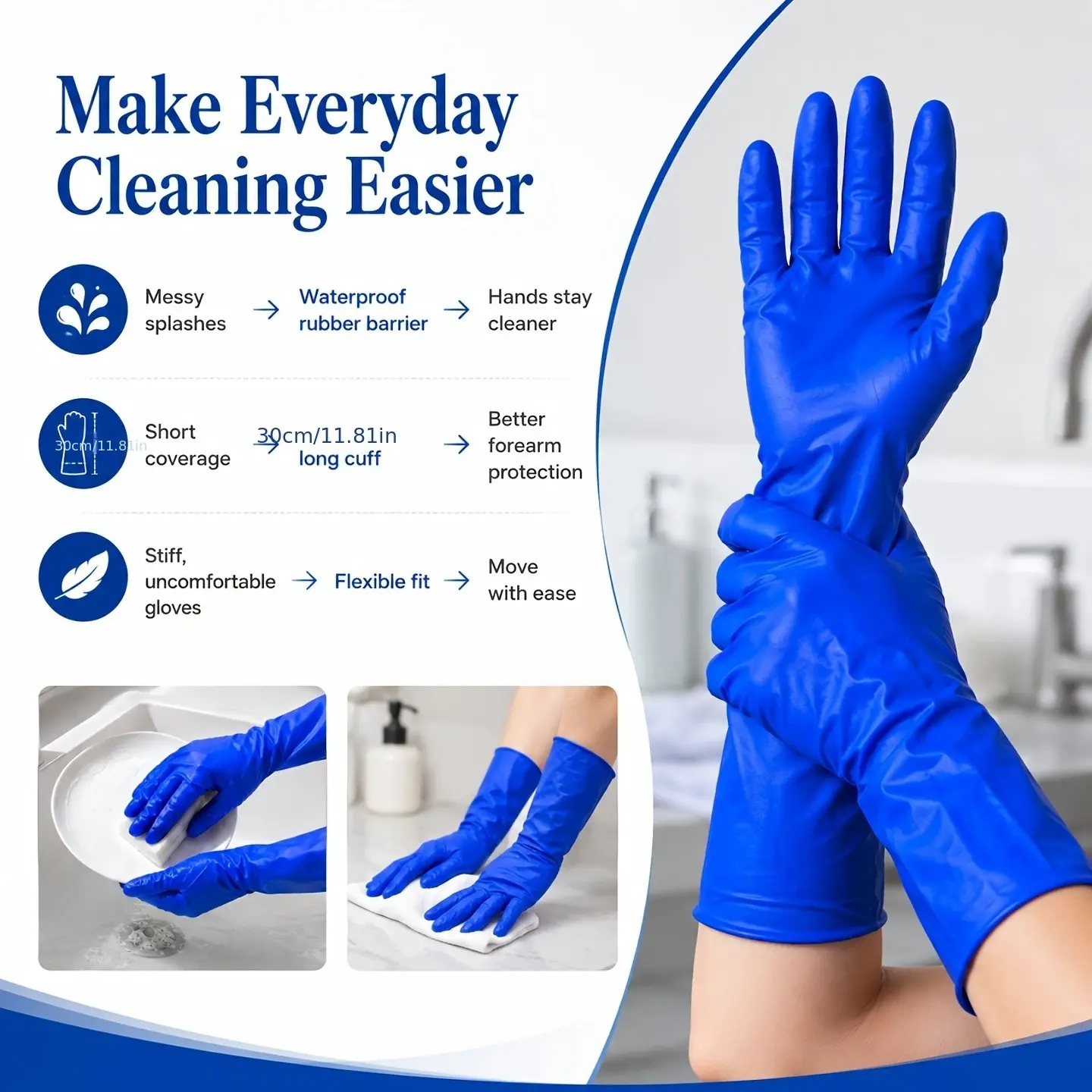 5 Pairs Blue Extended Gloves, 11.9 Inch Dishwashing Gloves, Kitchen Cleaning, Waterproof Non-Slip Nitrile Gloves, Universal Fit