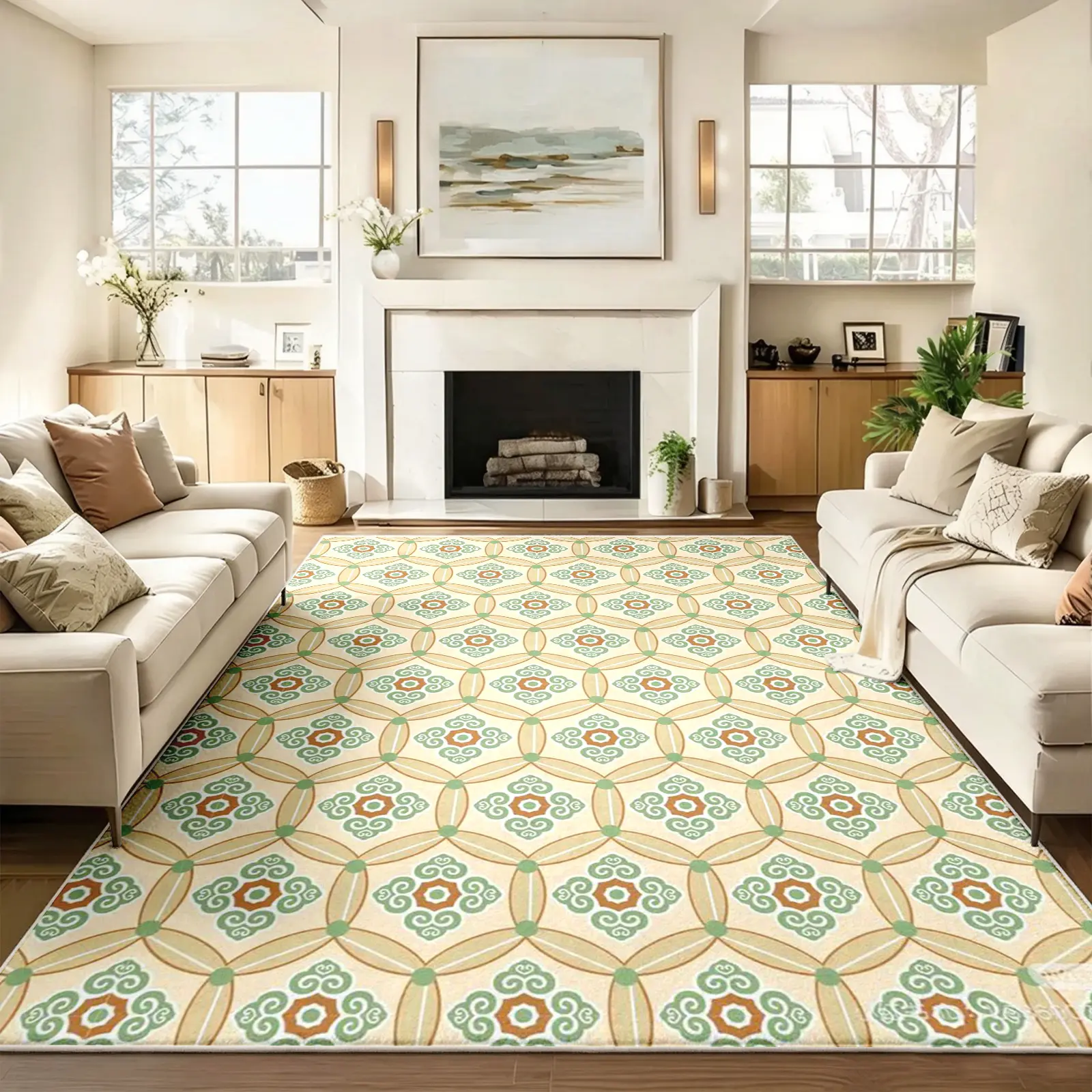 Mediterranean Tile Area Rug, Cream Base with Sage Green & Terracotta Geometric Interlocking Rings and Floral Motif, Non-Slip Washable Carpet, Soft Durable Floor Mat, Aesthetic Rugs for Living Room Bedroom Home Decor, 8 x 10 ft Area Rugs