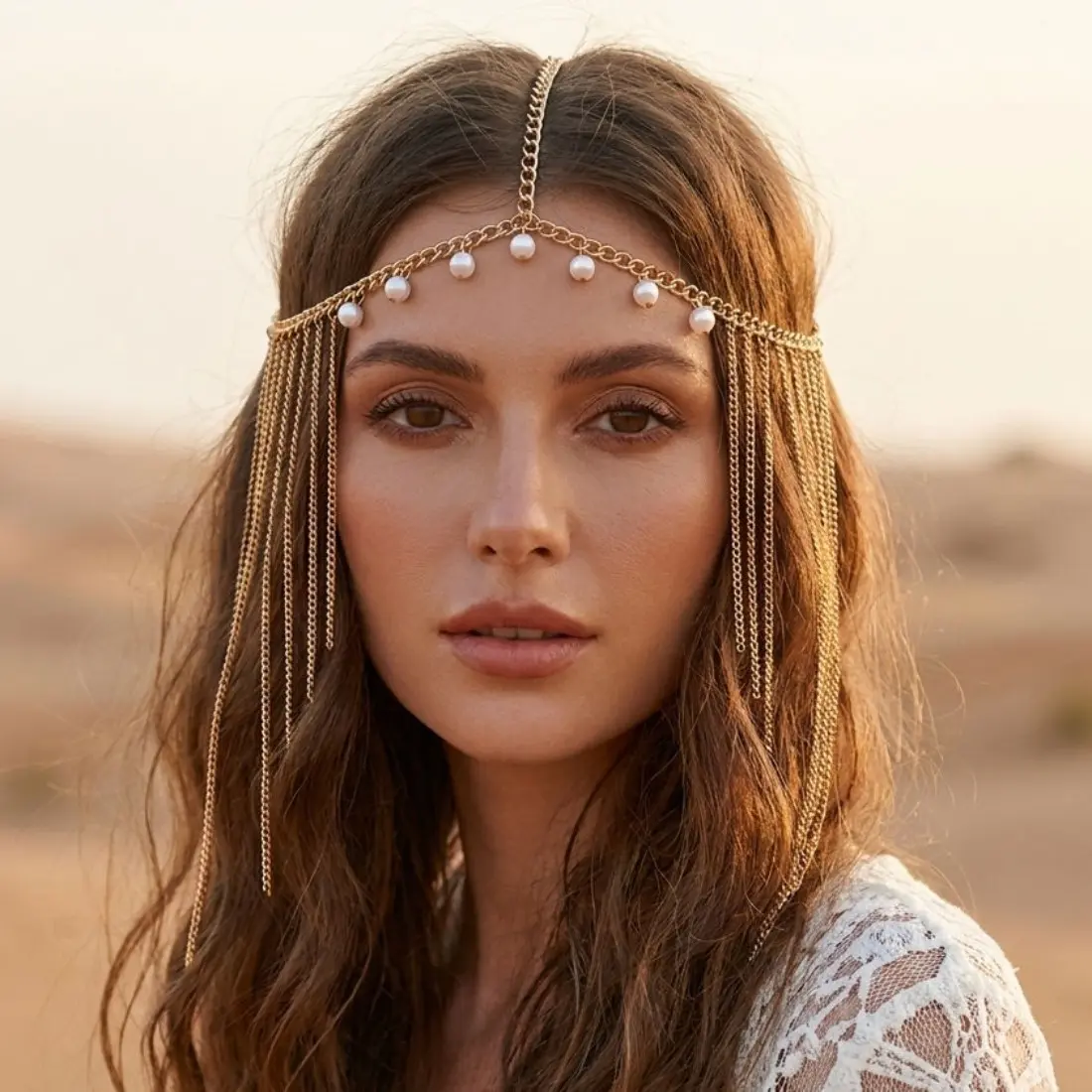 Women’s Bohemian Pearl Forehead Chain - Female Fashion Cowhide Layered Hair Jewelry, Retro Ethnic Elegant Fringe Headpiece, Bohemian Fashion Accessory Sets, Bridal Accessory for Festival Wear