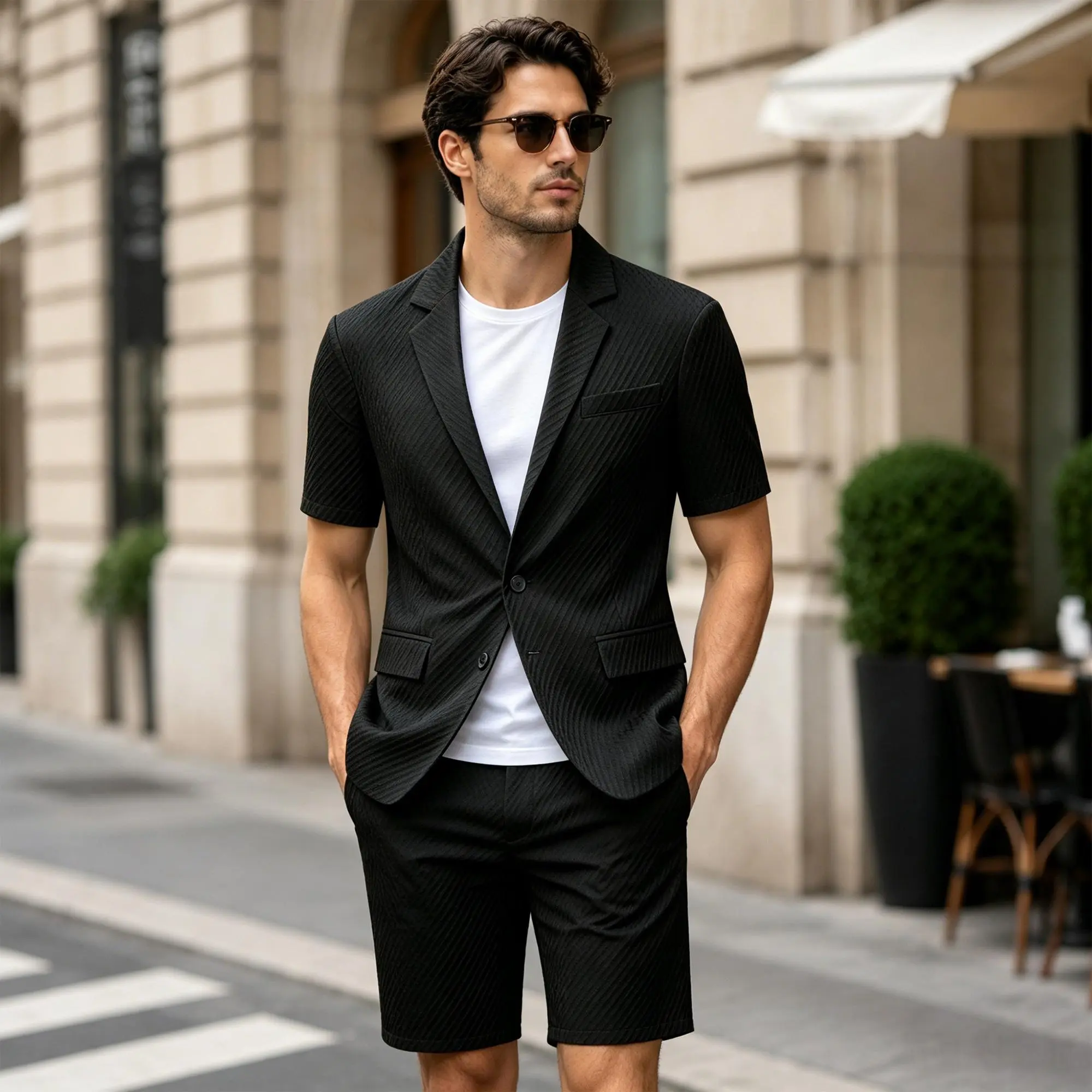 Men's 2-Piece Short Suit Set - Casual Textured Single-Button Blazer & Tailored Cut Shorts in Polyester for Summer Weddings & Office, Breathable, Elegant, Fabric