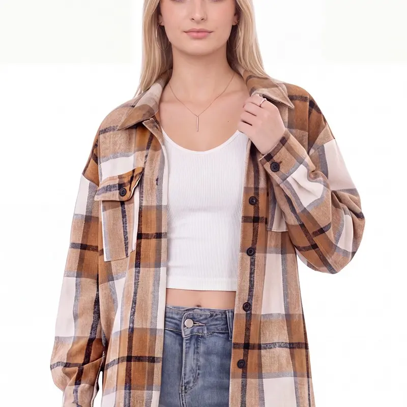 Women's Relaxed Plaid Shirt Jacket, Soft Plush Long-Sleeve Button-Front Top with front Pockets for Shopping and Streetwear