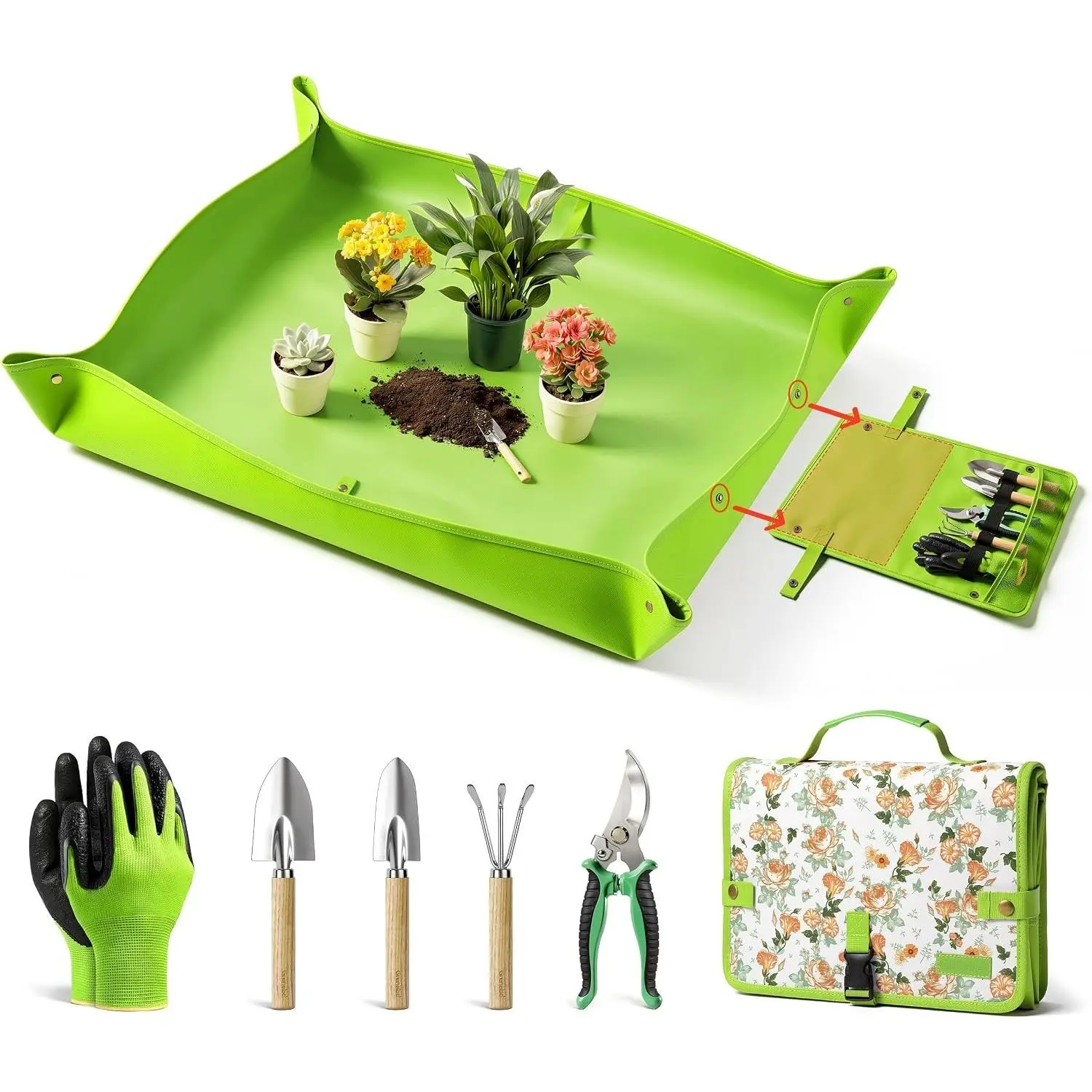 7-Piece Gardening Tools Set, Gift for Women, Beginners, Tools Kit with Plant Repotting Mat & Tool Bag, Stainless Steel Gardening Hand Tools for Indoor Transplanting, Succulent Bonsai PlantsGift.