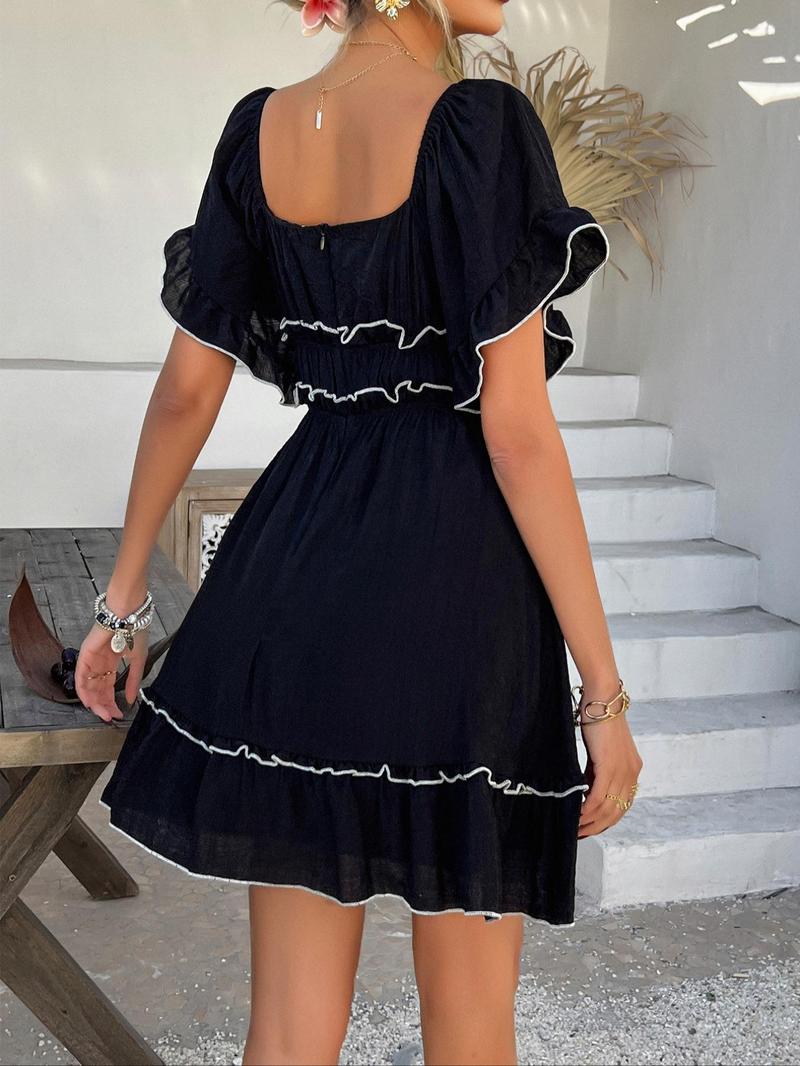 Women's Plain Dress, Casual Boho Ruffle Hem Chic Fashion Short Sleeve Dress for Summer, Ladies Clothes for Beach Holiday, Shortsleeve Womenswear