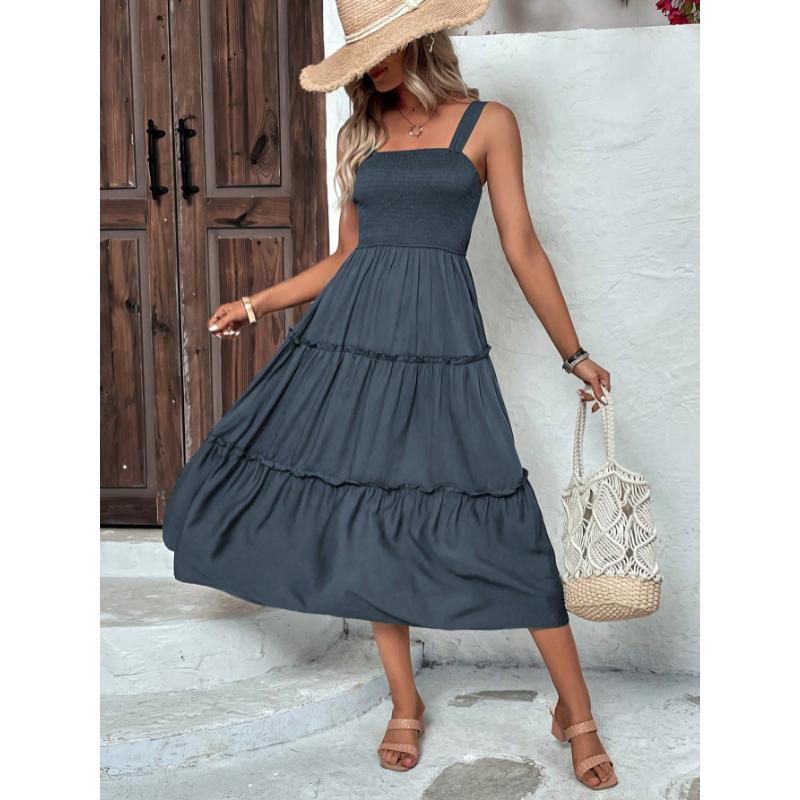SHEIN Clasi Shirred Bodice Ruffle Hem Cami Dress Maxi Women Outfit