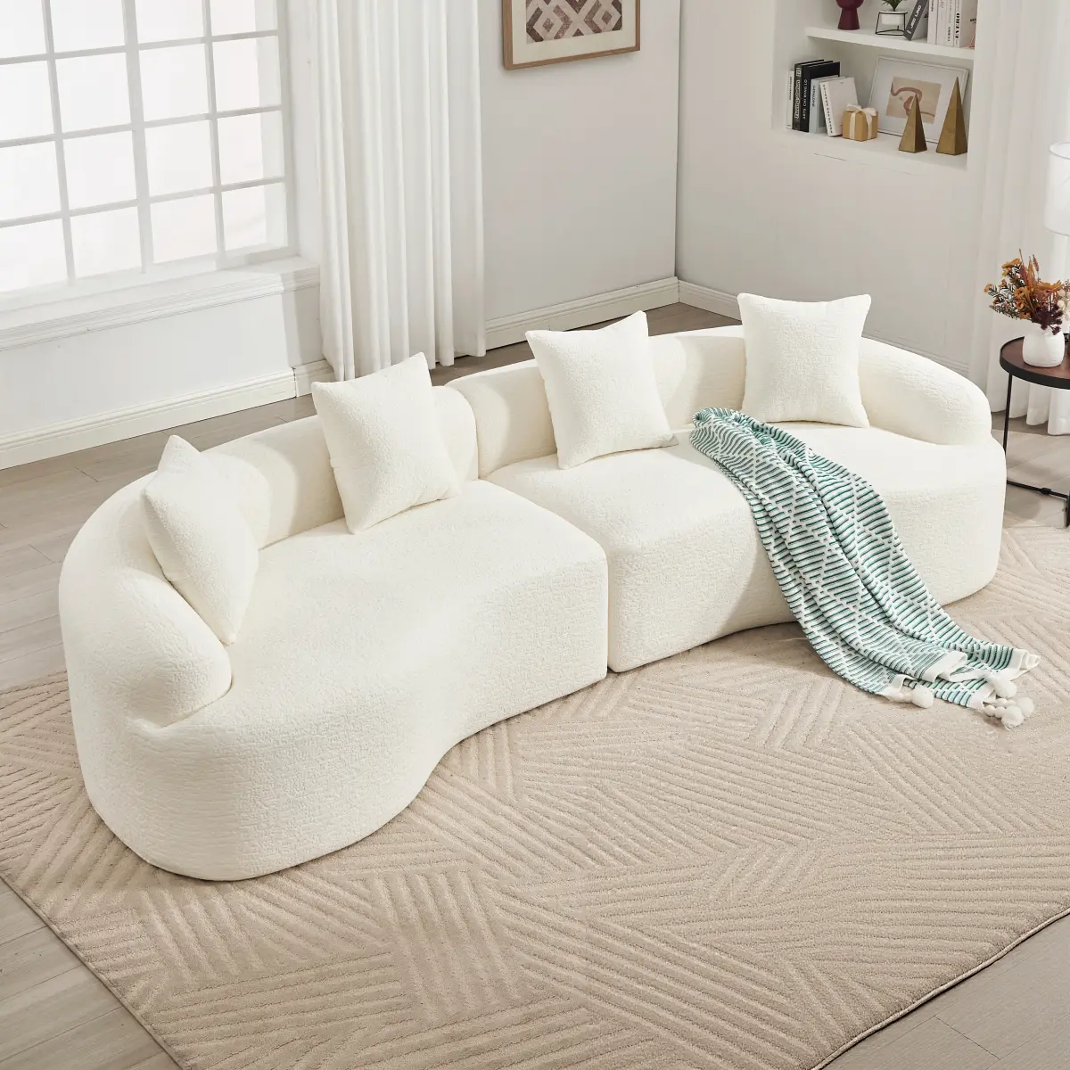 Curved Boneless Sofa,Compression Modular 110'' Sectional,White High-Density,Couches Sleeper for Living Room Bedroom Apartment Lounge,Chenille   WL RR