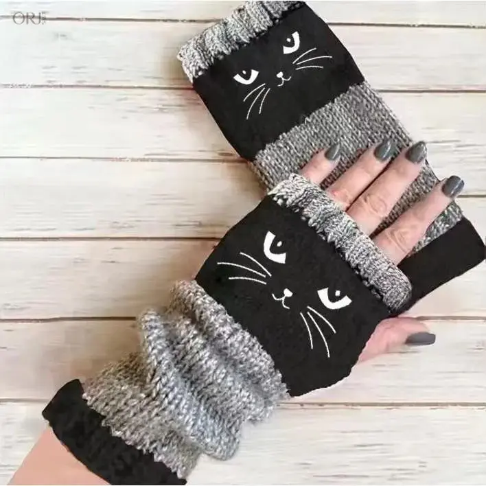 Women Trendy Knitted Fingerless Gloves, Cat Embroidery Form‑Fitting Flexible Winter Gloves, Casual Fashion Hand Warm Protection Accessory
