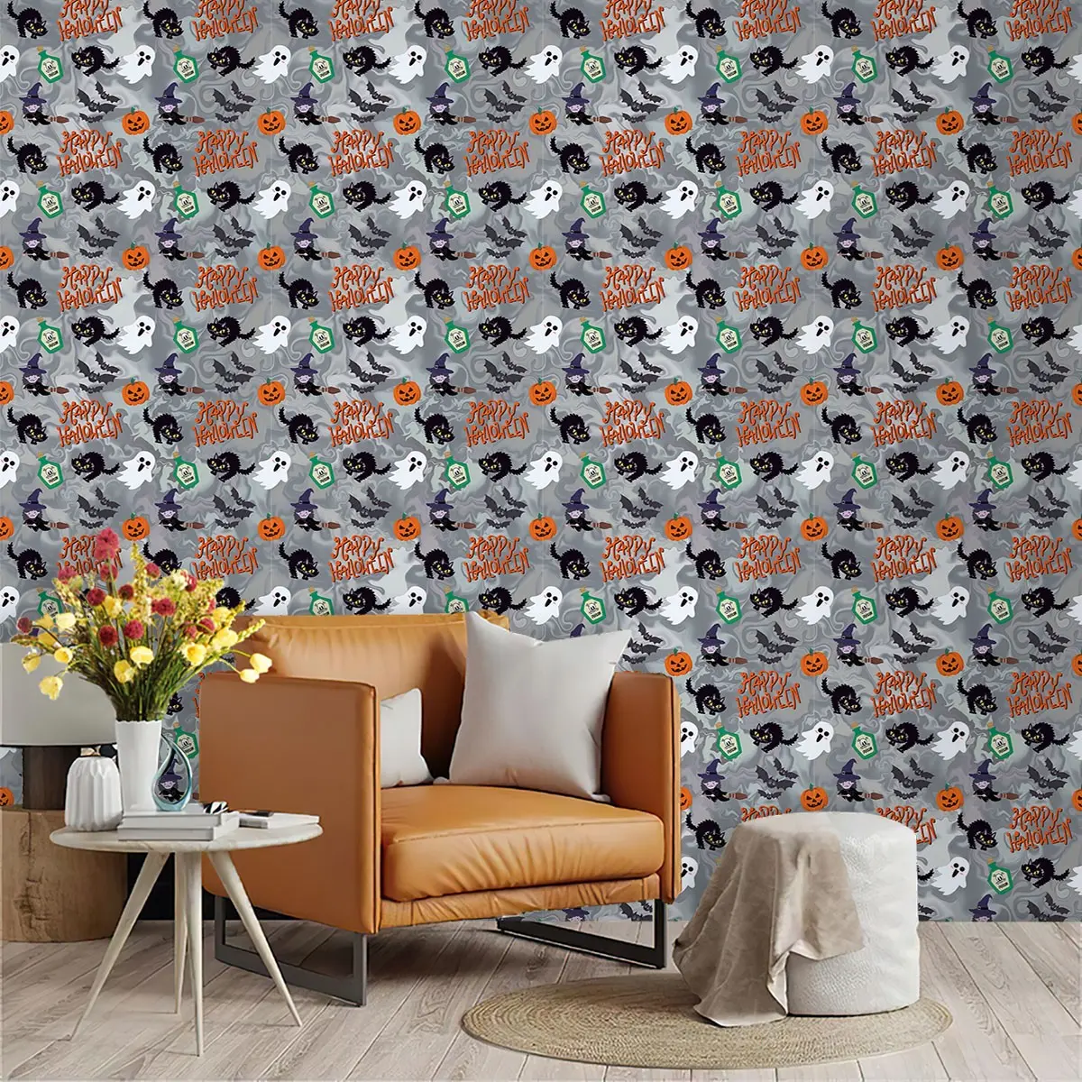 Halloween Theme Wallpaper, Light Base, PVC Material, Peel-And-Stick, Ideal for Kitchen, Living Room, Bedroom, Wall Decor
