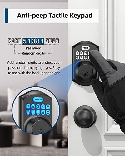 TE001K Keyless Entry Door Lock with Handle,  Keypad Deadbolt with 2 Knobs, High- Front Door Handle Set for Home & Rental,  Auto-Locking, Easy Install, Matte Black