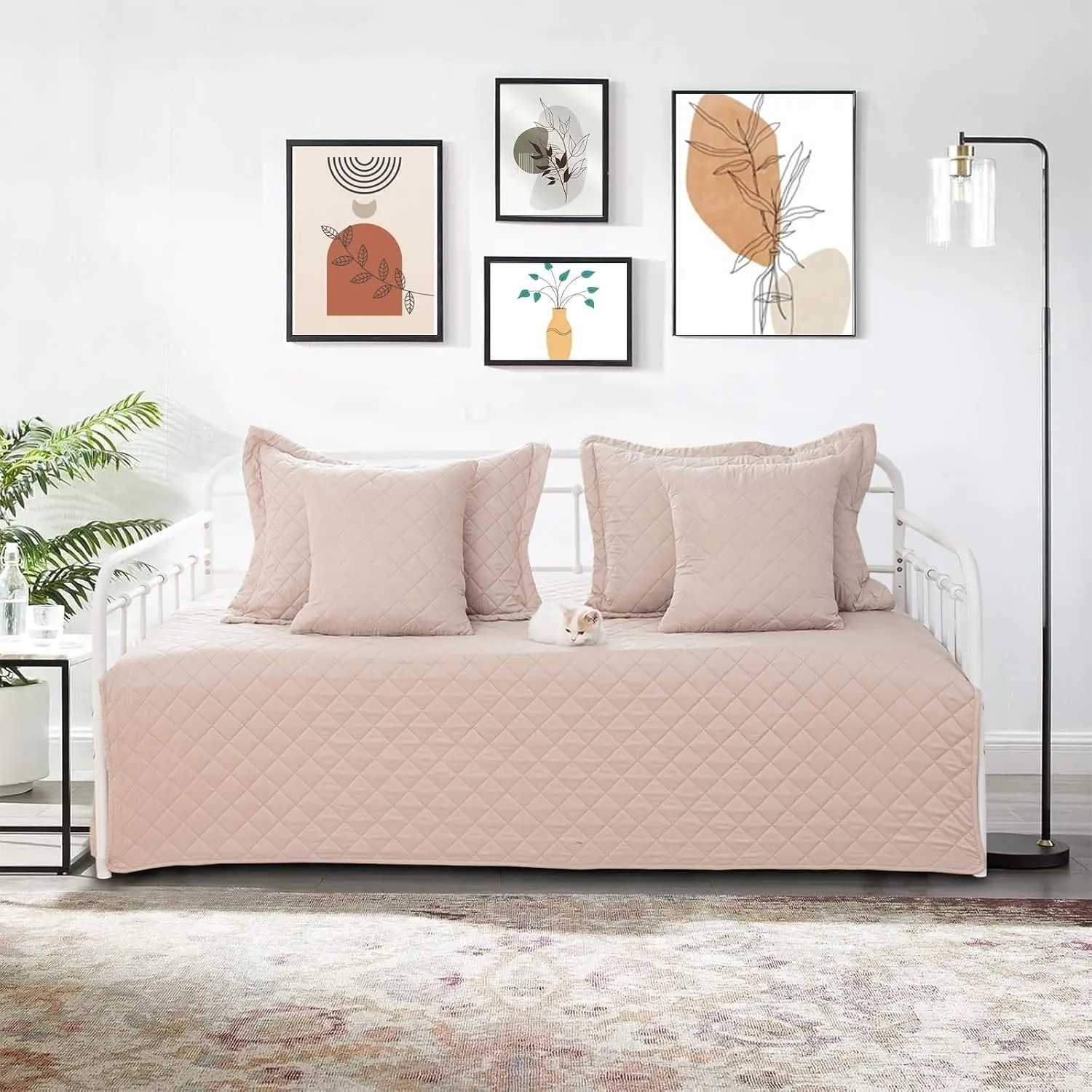 5 Piece Twin Daybed Cover Set All Season Lightweight Daybed Comforter with Matching Shams & Decorative Pillows Double Sided Quilting 39"x75" Beige