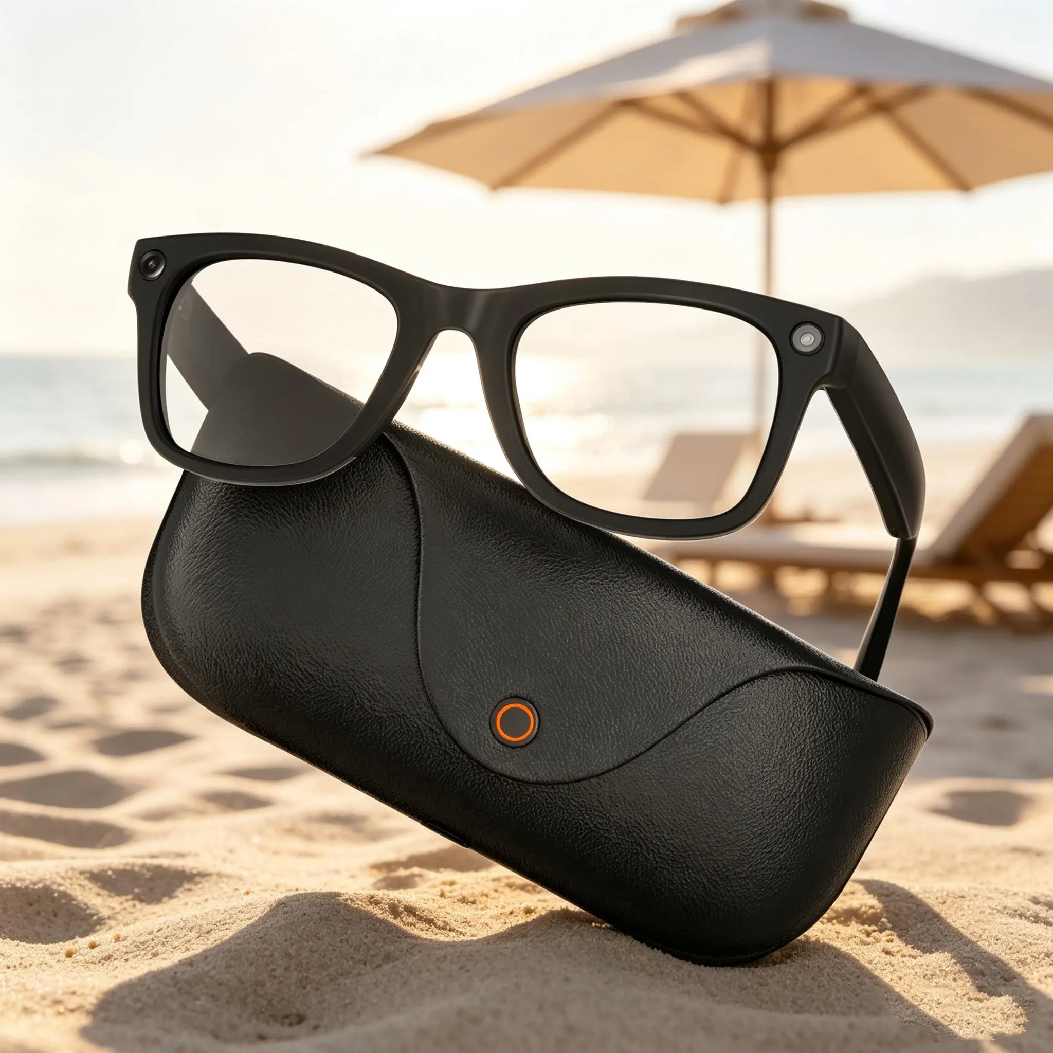 Bluetooth audio-visual integrated AI wearable camera glasses, 300mAh large capacity battery life, IP65 waterproof and dustproof, hands-free video recording WiFi high-speed transmission, leather charging case set includes two lenses