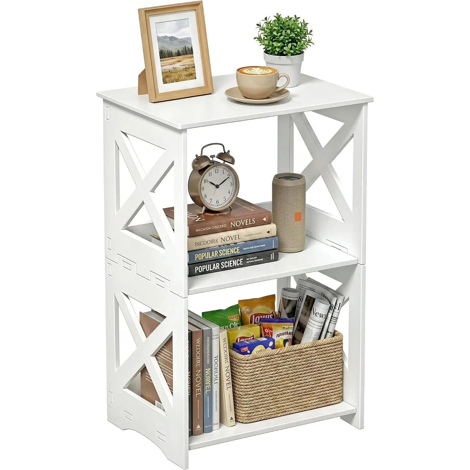 3-Tier Side Table Small White Nightstand | End Table Bedside Bookshelf Bookcase, Display Rack, for Small Spaces, Bedroom, Bathroom, Living Room, Office