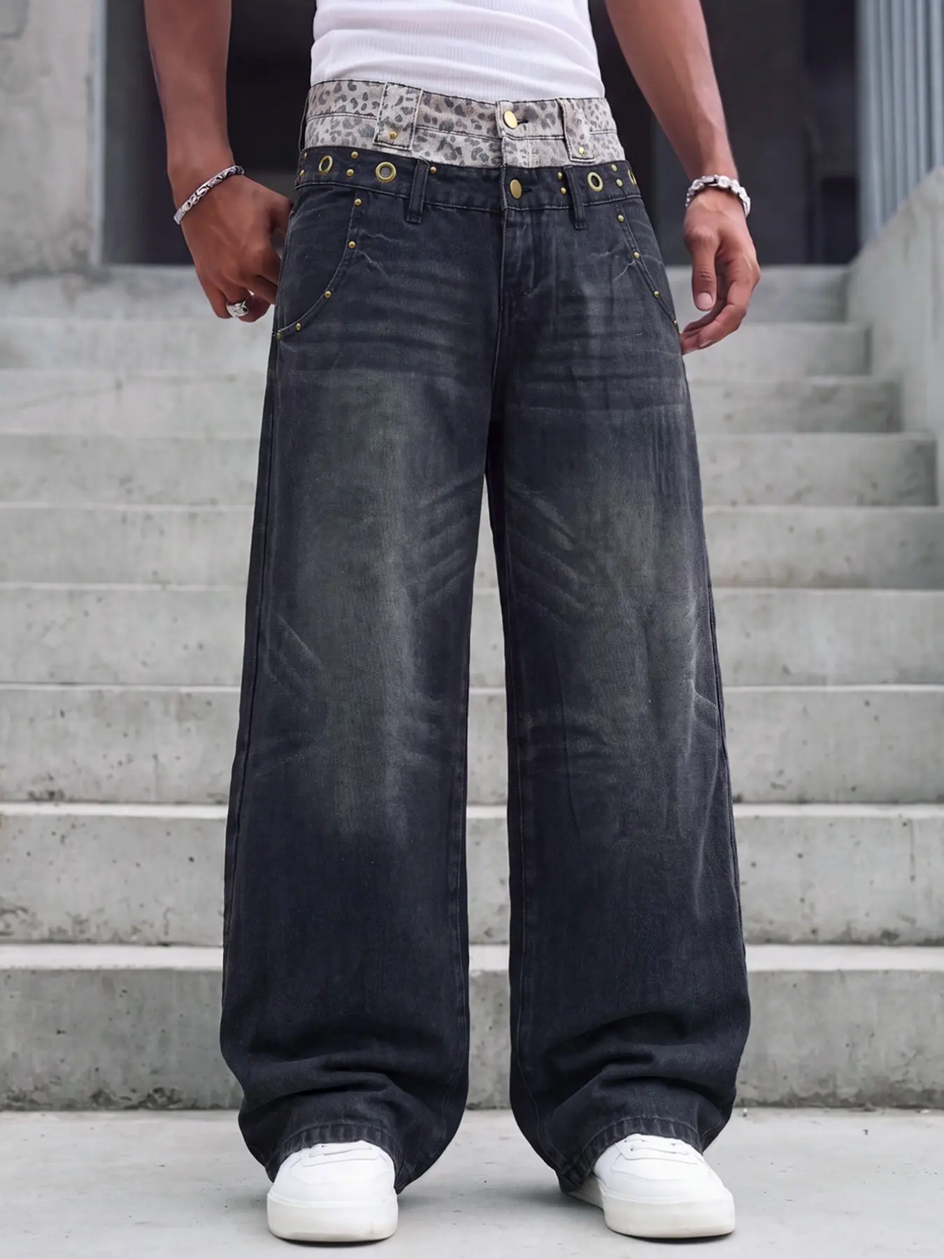 Men's Denim Long Pants, Leopard Print Waistband, Metal Button Design, Loose Straight Fit, Stylish and Comfortable