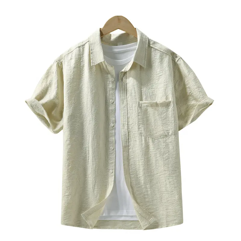 Men's Cream Textured Crinkle Fabric Short-Sleeve Button-Down Shirt - Turn-Down Collar, Rolled Cuffs, Single Chest Pocket, Loose Oversized Fit, Lightweight Breathable Mix, Machine Washable, for Summer Daily Outfits