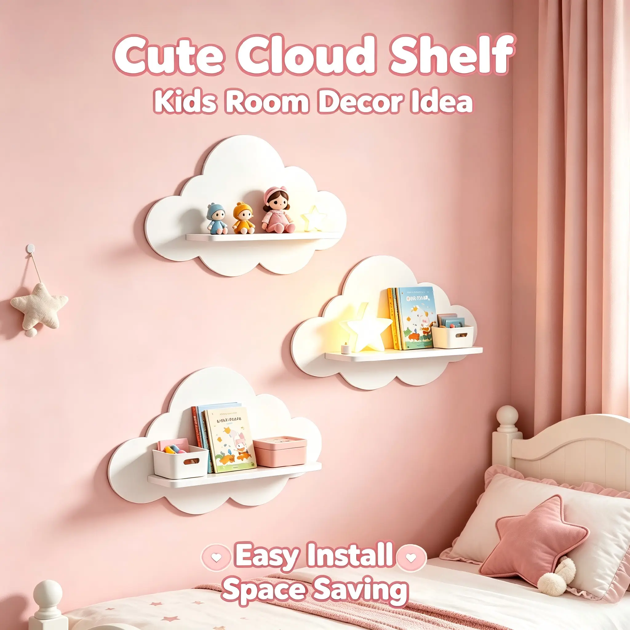 3-Piece Cloud Floating Shelf, Cute Cloud Wall Storage Rack, Wall Organizer, Crystal Display Stand, Bedroom Living Room Bathroom Decor, Kids' Bedroom Gift