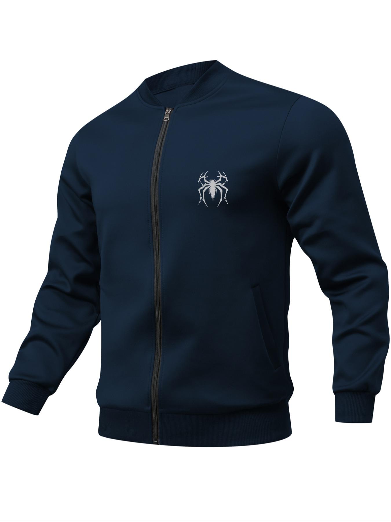 Men's Spider Print Zip Up Baseball Collar Jacket, Casual Long Sleeve Pocket Outerwear for Daily Wear, Fashion Men's Clothes for All Seasons Stretchy Fabric