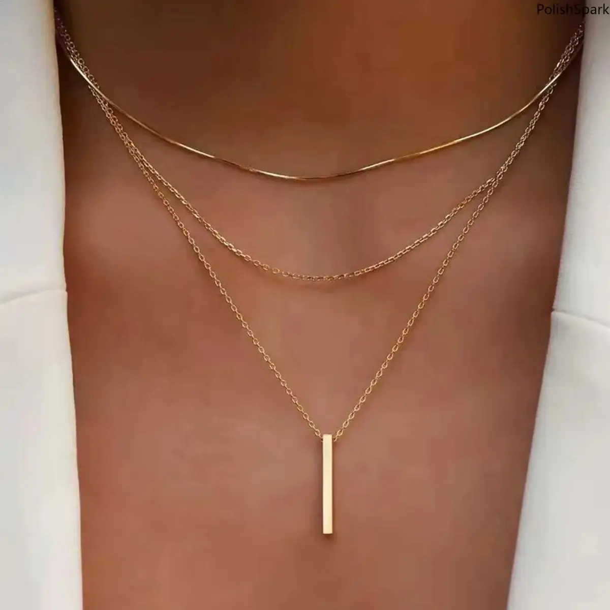 Women’s Layered Bar Pendant Necklace, 3 Layer Snake and Cable Chain Choker Set with Geometric Design, Elegant Gold Silver Tone Jewelry for Daily Wear, Parties and Outfits
