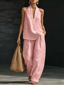 Women's Two-Piece Set, V-Neck Sleeveless Top and Loose Long Pants, Summer Fashion, Casual Style, Comfortable and Stylish