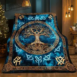 1pc Viking Style Tree of Life Print Portable Blanket - Lightweight Flannel Throw for Sofa Bed Travel Camping Livingroom Office Couch Chair And Bed-Digital Printing Blanket with Soft And Warm Flannel
