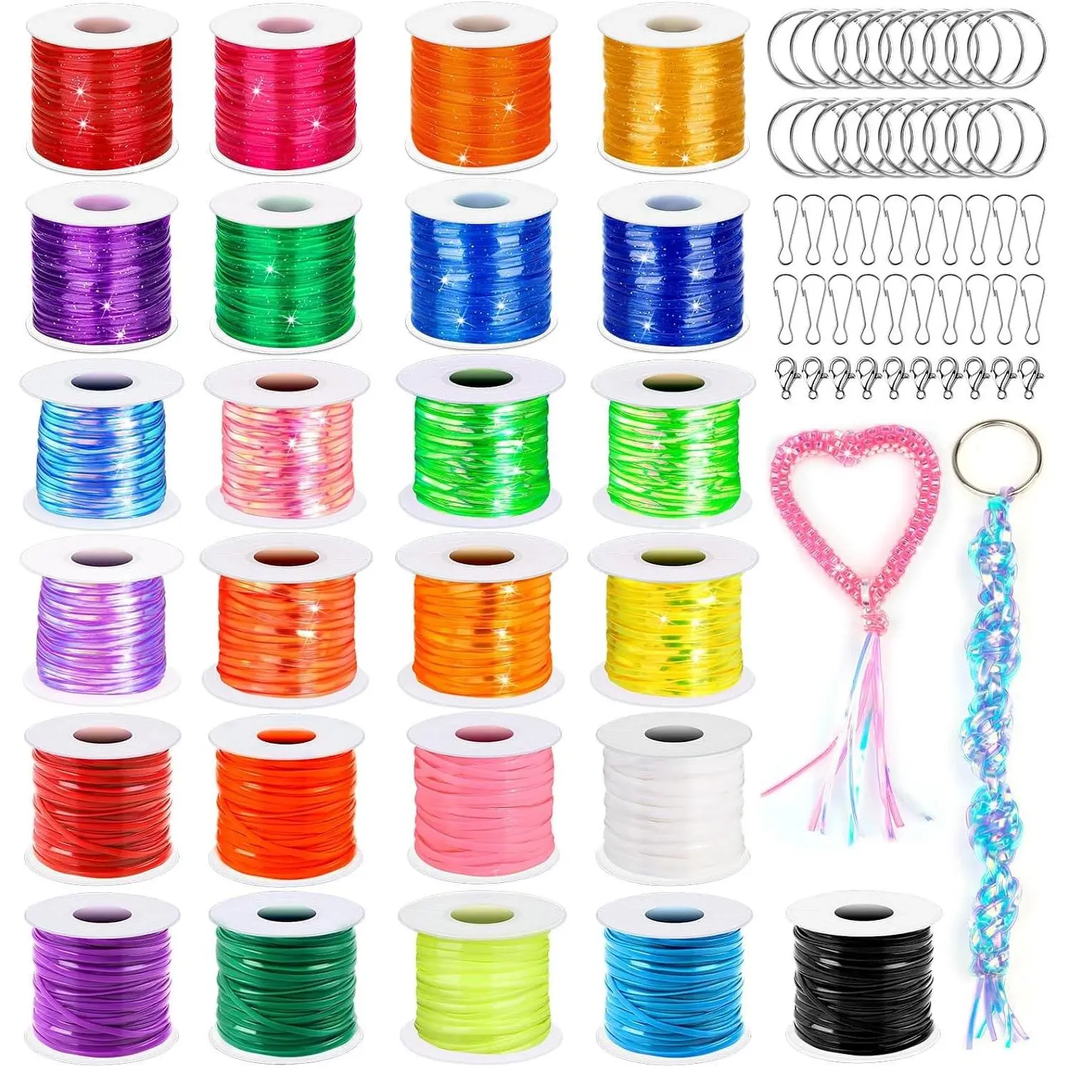 Lanyard Kit, Boondoggle & Gimp String Weaving Kit with 25 Rolls Plastic Lacing Cord, 50 Pcs Keychain Lanyard Accessories