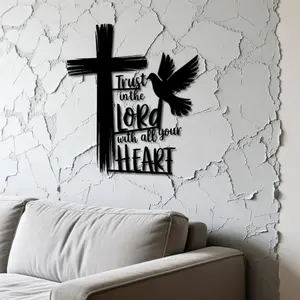 1pc Christian Metal Wall Decor - Trust in the Lord with All Your Heart Bible Verse - Heavy-Duty Iron Religious Home Decoration with Cross & Dove - Modern Christian, Wall Art For Living Room, Church Decor, Inspirational Quote, Durable Artwork