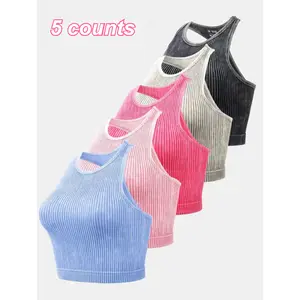 Women's Seamless Design Ribbed Texture Sports Crop Top, Slim Fit U Nec Tank, Casual Spring & summer Workout Wear, Fitness Activewear Versatile Weark Backless Racerback Yoga