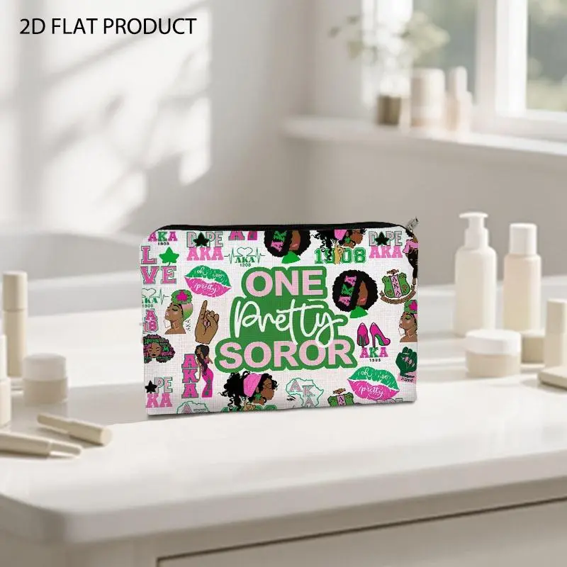 Pink & Green AKA Sorority Themed Makeup Bag, Double Sided Print with 1908/1918 Lettering, Black Sisterhood Illustrations, 5.9*8.66inch Portable Cosmetic Pouch, Makeup Pouch For Purse, for Daily Makeup Storage & Travel Organizing