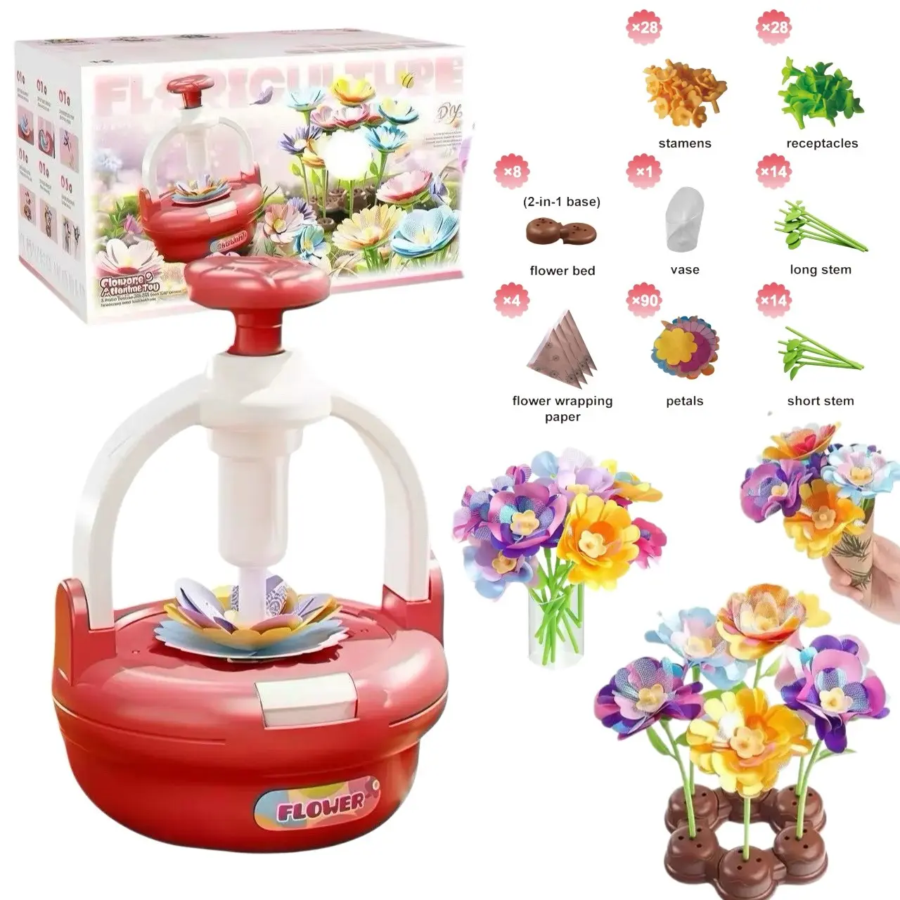 Handmade Flower Kit for Ages 4-8, Includes Press Machine, Fabric Petals, Vase, Packaging Paper, Reusable DIY Bouquet Toy, Creative Gift