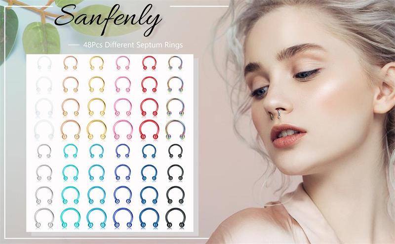 Sanfenly 48Pcs 14G Stainless Steel Horseshoe Nose Septum Rings Piercing Jewelry Cartilage Helix Tragus Earring Hoop Eyebrow Lip Hoop Piercing Ring for Women Men 6mm 8mm 10mm 12mm Beads Gold