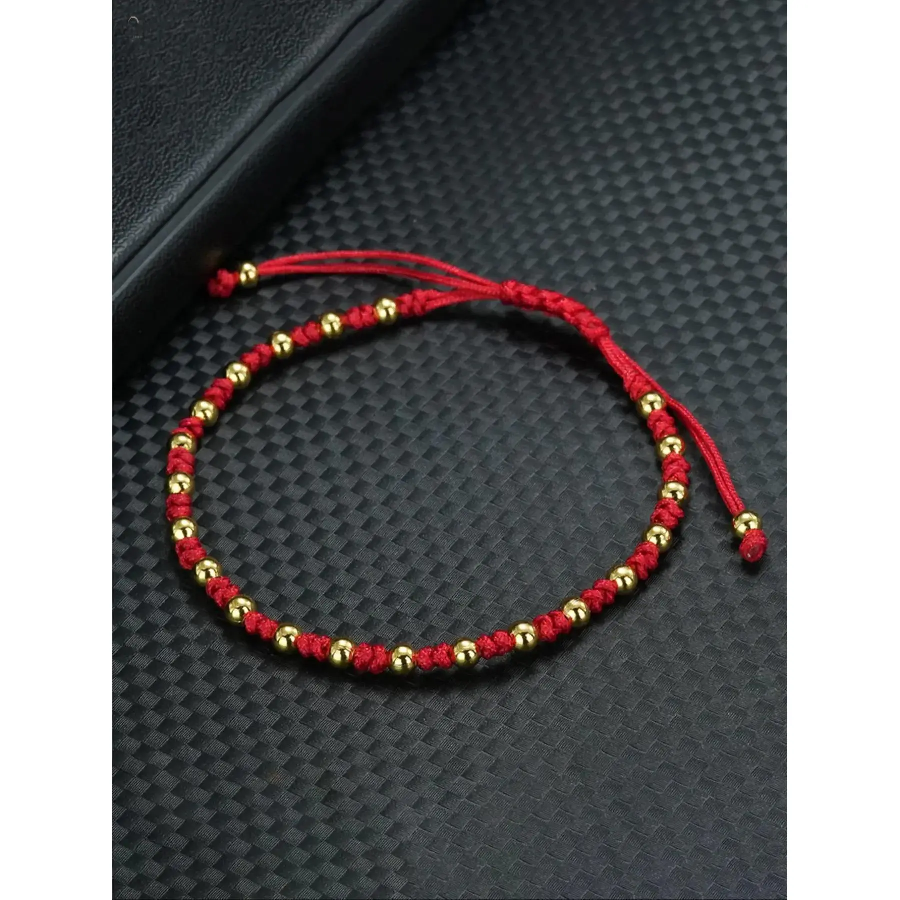 Adjustable Braided Rope Beaded Bracelet, Smooth Mini Gold Ball Wrist Band with Sliding Knot, 2 Colors Black Red String Dainty Minimalist Handmade Jewelry, Lucky Charm Fashion Gift for Men Women Daily Stack Wear