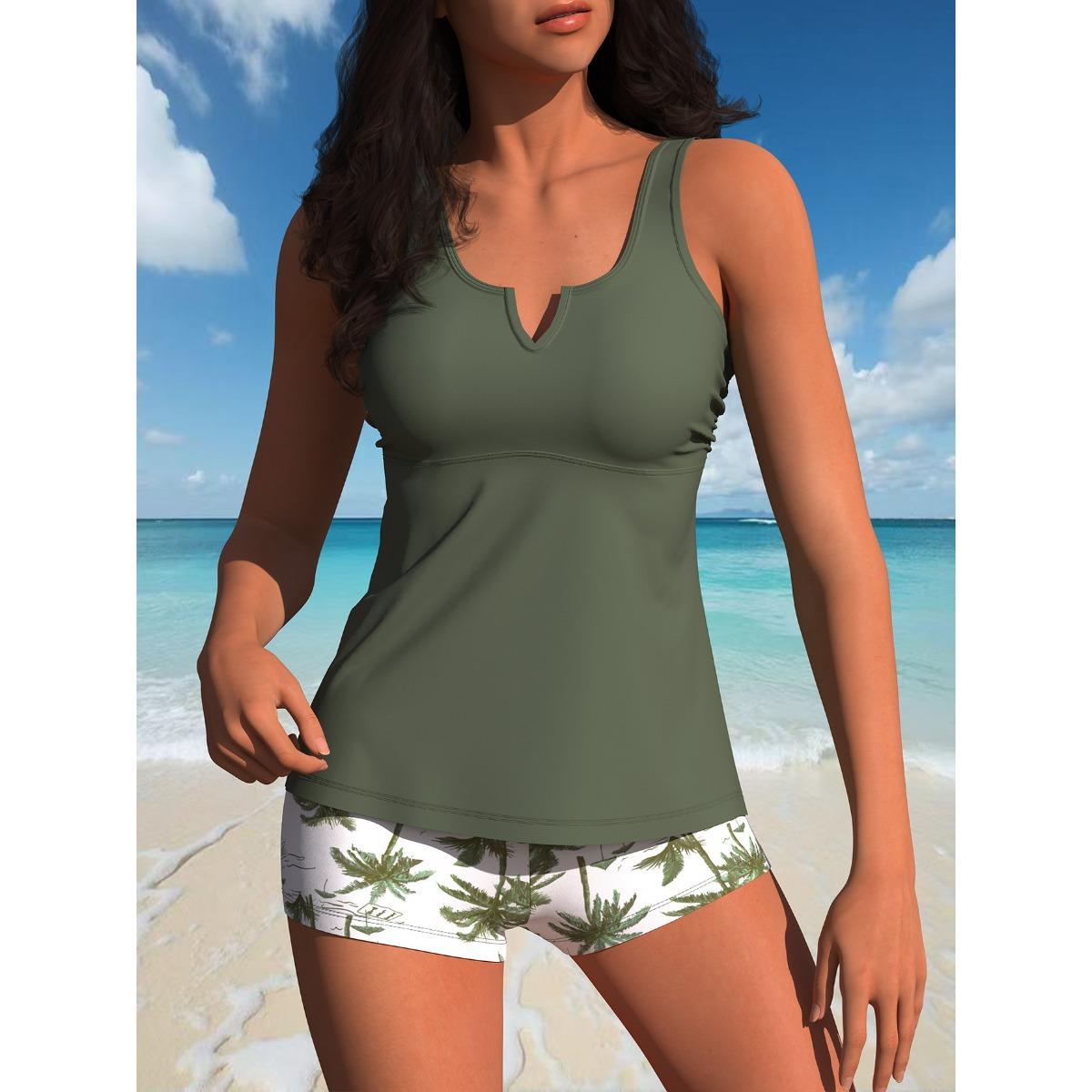 2026 New Women's Tankini Swimsuit V-Neck Gathered Backless Design Separate Swimwear Polyester Fabric with Chest Pad