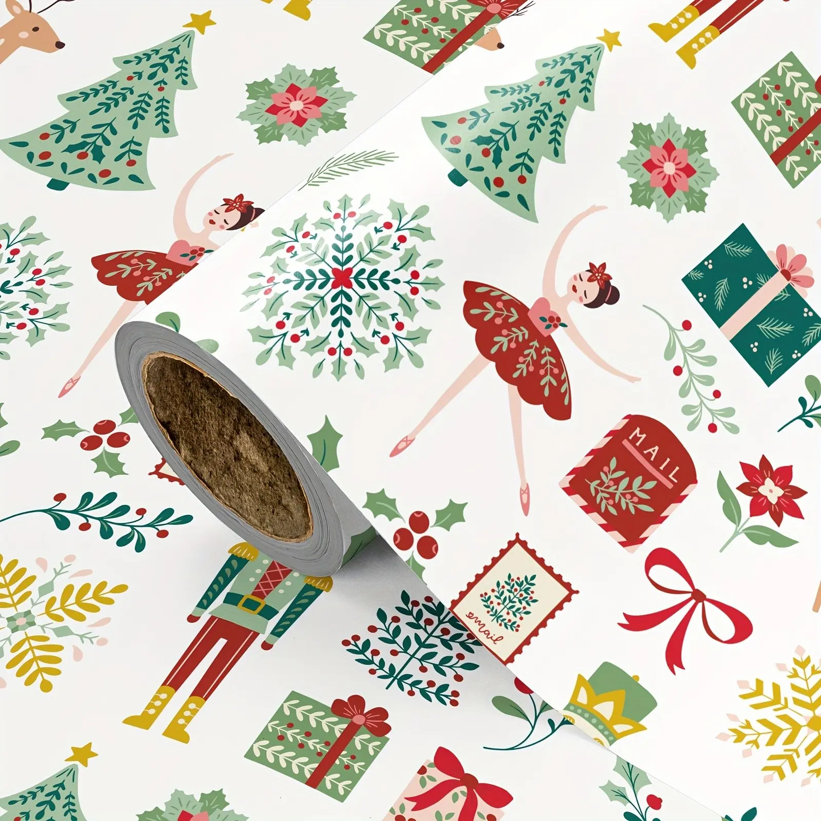 Christmas Wrapping Paper Roll, Ballet Dancer, Christmas Tree, Nutcracker, Gift Box, Snowflake, Holly, Mailbox, Stamp Patterns, Holiday Gifts, Decorations, 43.2cm X 500cm