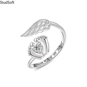 Women 925 Sterling Silver Ring Angel Wing Baby Feet Open Rings Fashion Miscarriage Memorial Jewelry Cute Mommy of an Angel Remembrance Gift for New Mom