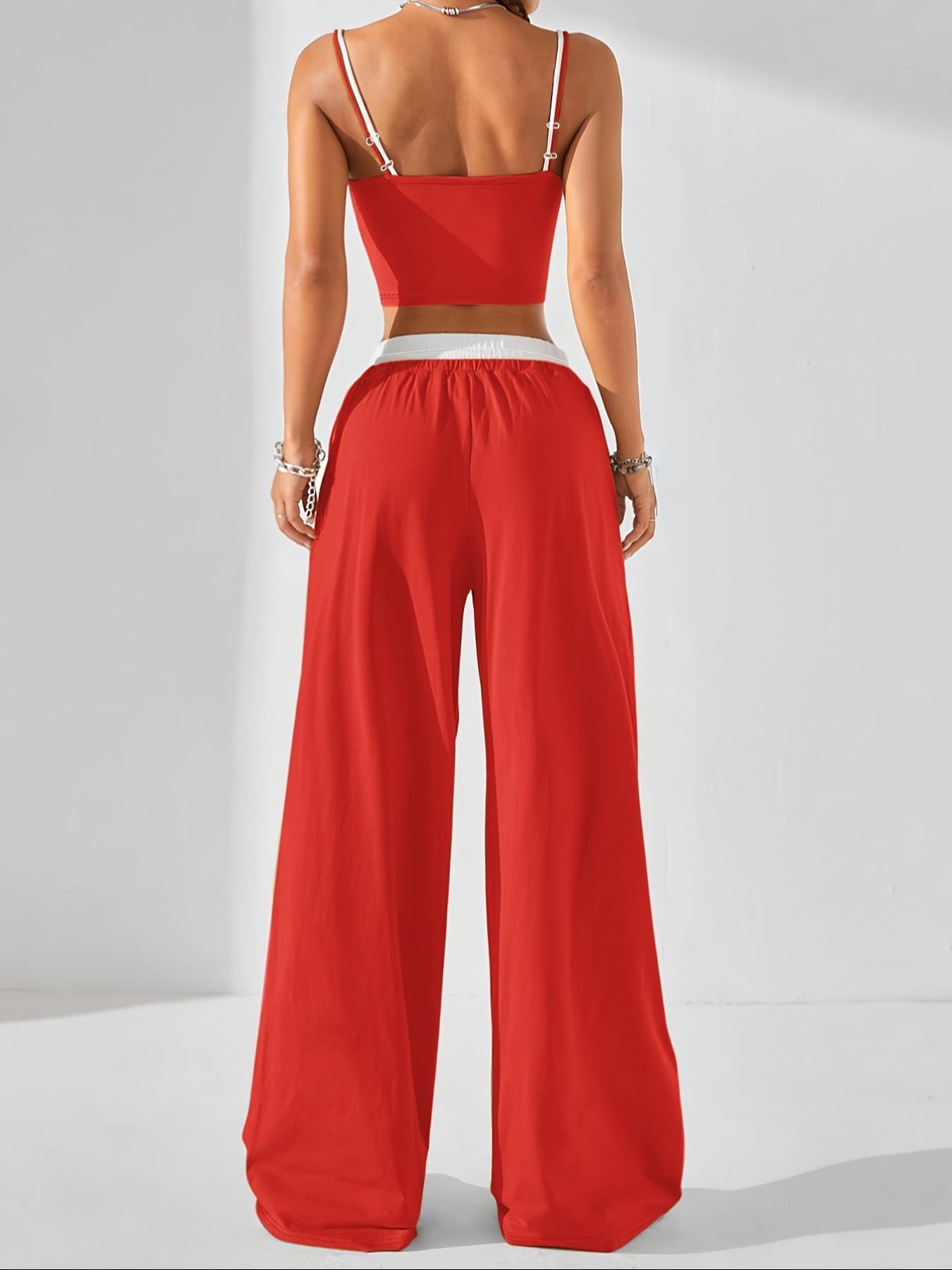 Two-Piece Set Women's Colorblock 2 in 1 Cami Top & Wide Leg Pants Set, Casual Sleeveless Top & Pocket Trousers, Ladies Summer Clothes, Casual Lounge Set, Stretchy Outfit Sets