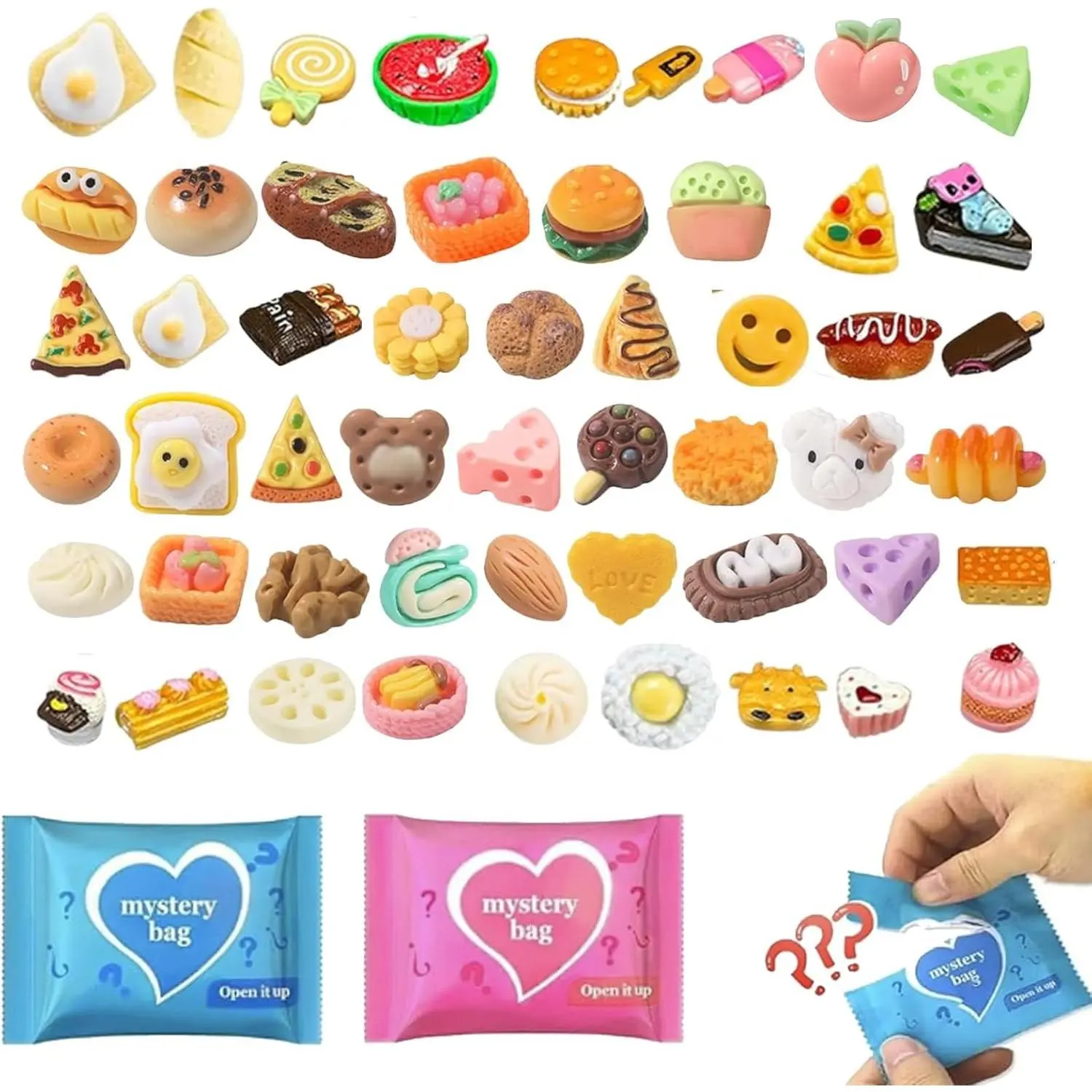 50 Pcs Mini Resin Food Charms Mystery Blind Bag - Cute Cartoon Food Figures Assorted Pack, DIY Phone Case Decorations, Craft Supplies, Party Favors & Collectibles for Kids & TeensGift