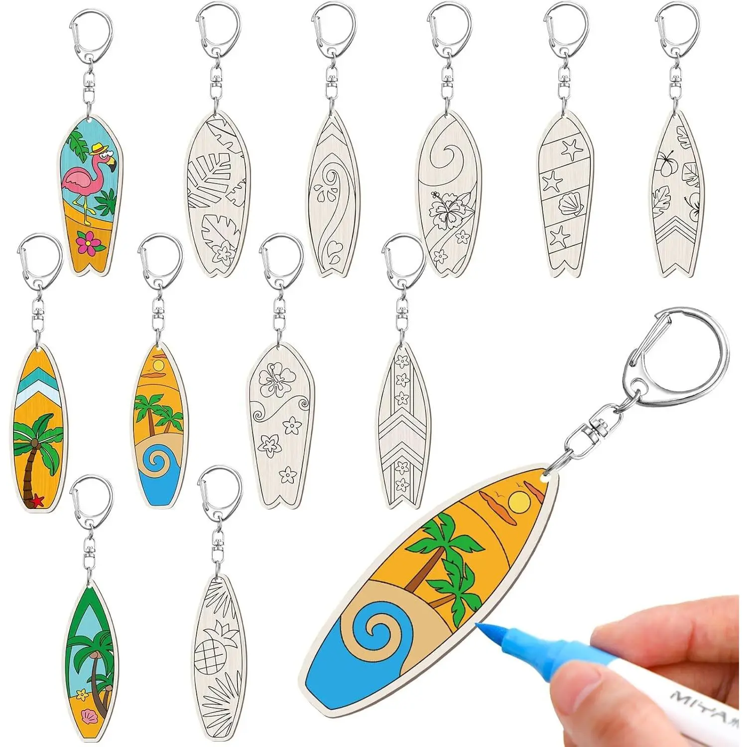 24 Pcs 12 Styles Surfboard Color Your Own DIY Wooden Blank Keychains for Sunday School Classroom Home Party Favors Gifts