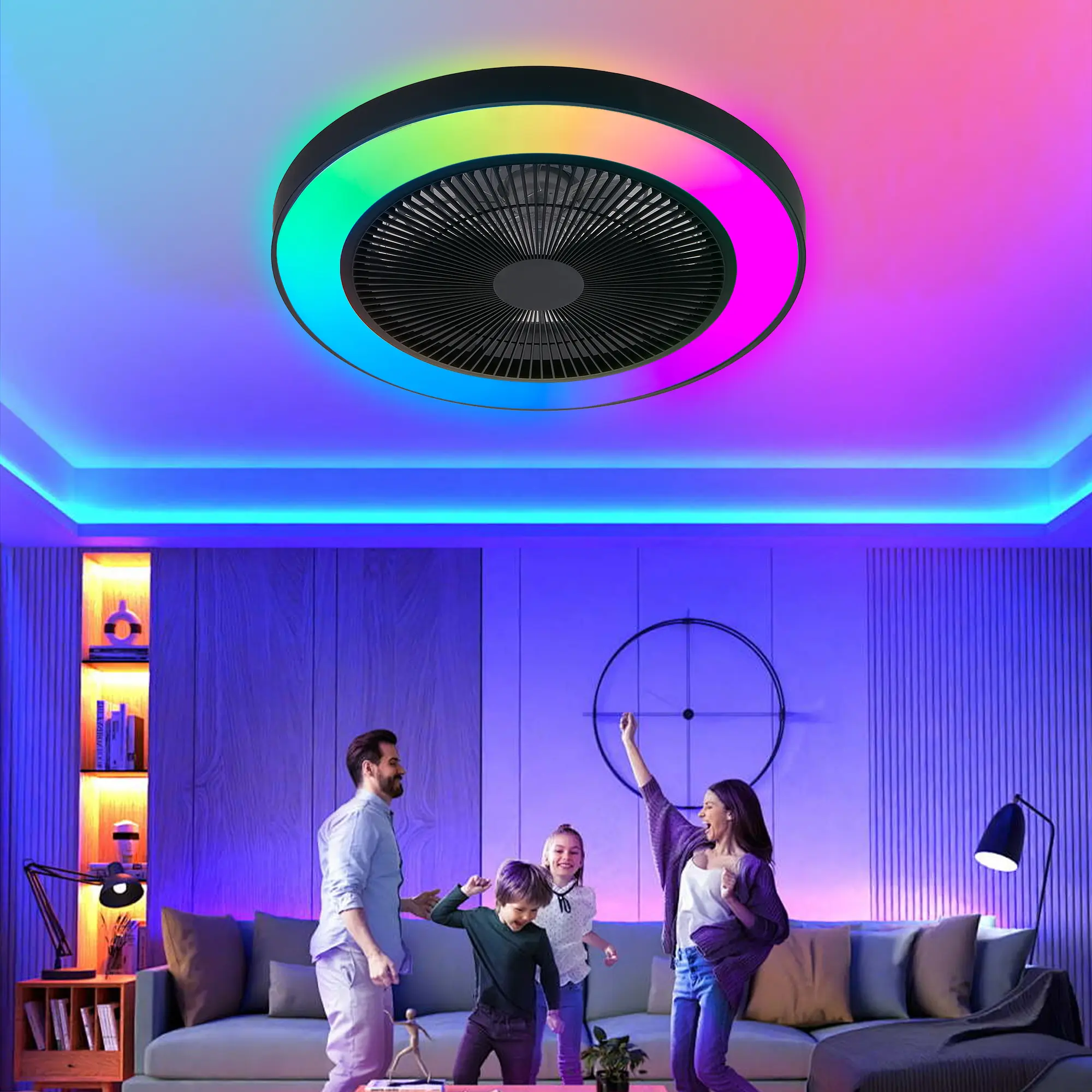 LED RGB Dimmable Color-Changing, APP & Remote Control, 6-Speed Silent Reversible DC Motor, Modern for Living Room, Bedroom