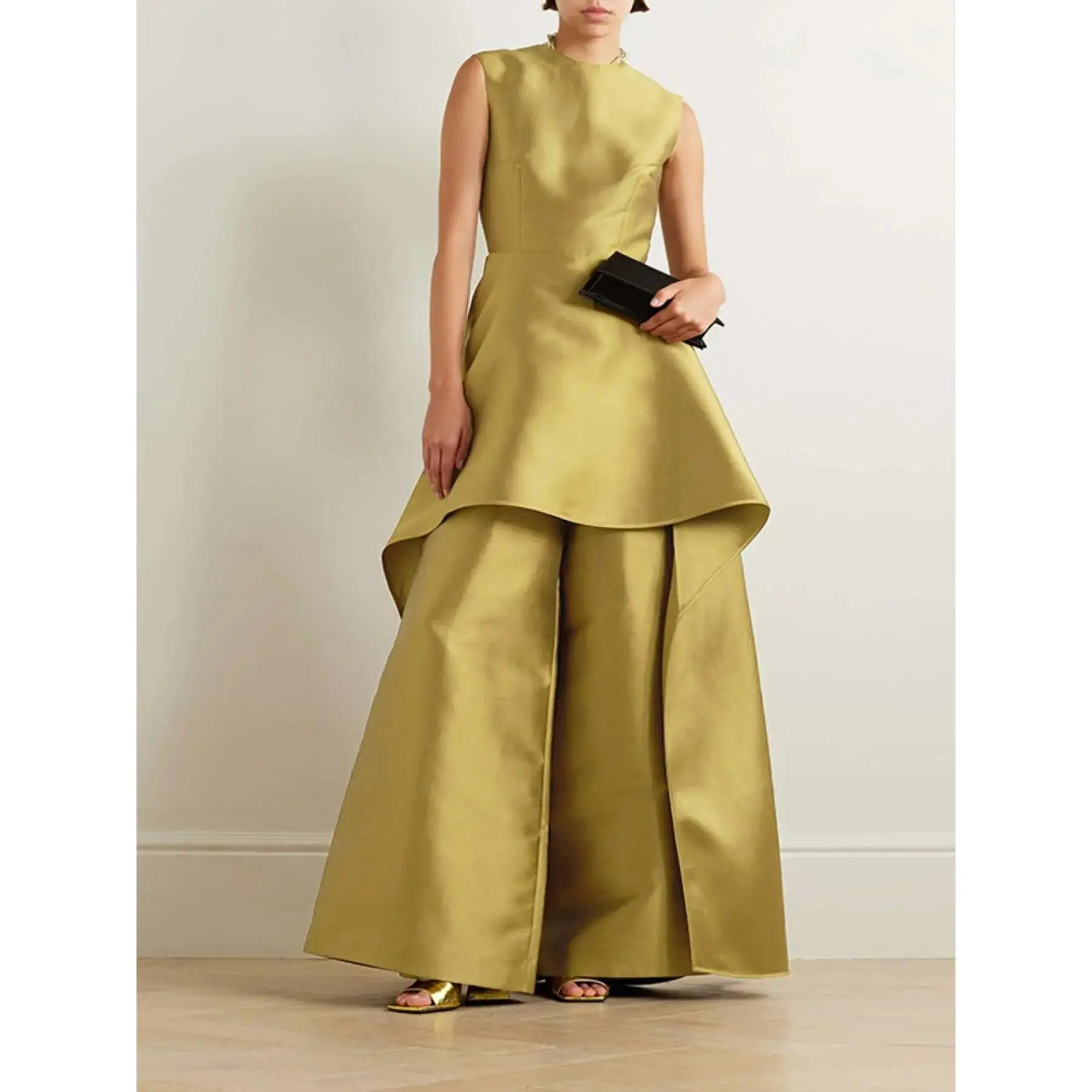 Women's Plain Ruffle Trim Jumpsuit, Elegant Sleeveless Wide Leg Jumpsuit for Party Holiday Wedding Guest, Ladies Summer Clothes, Jumpsuits for Women, Flared Jumpsuit