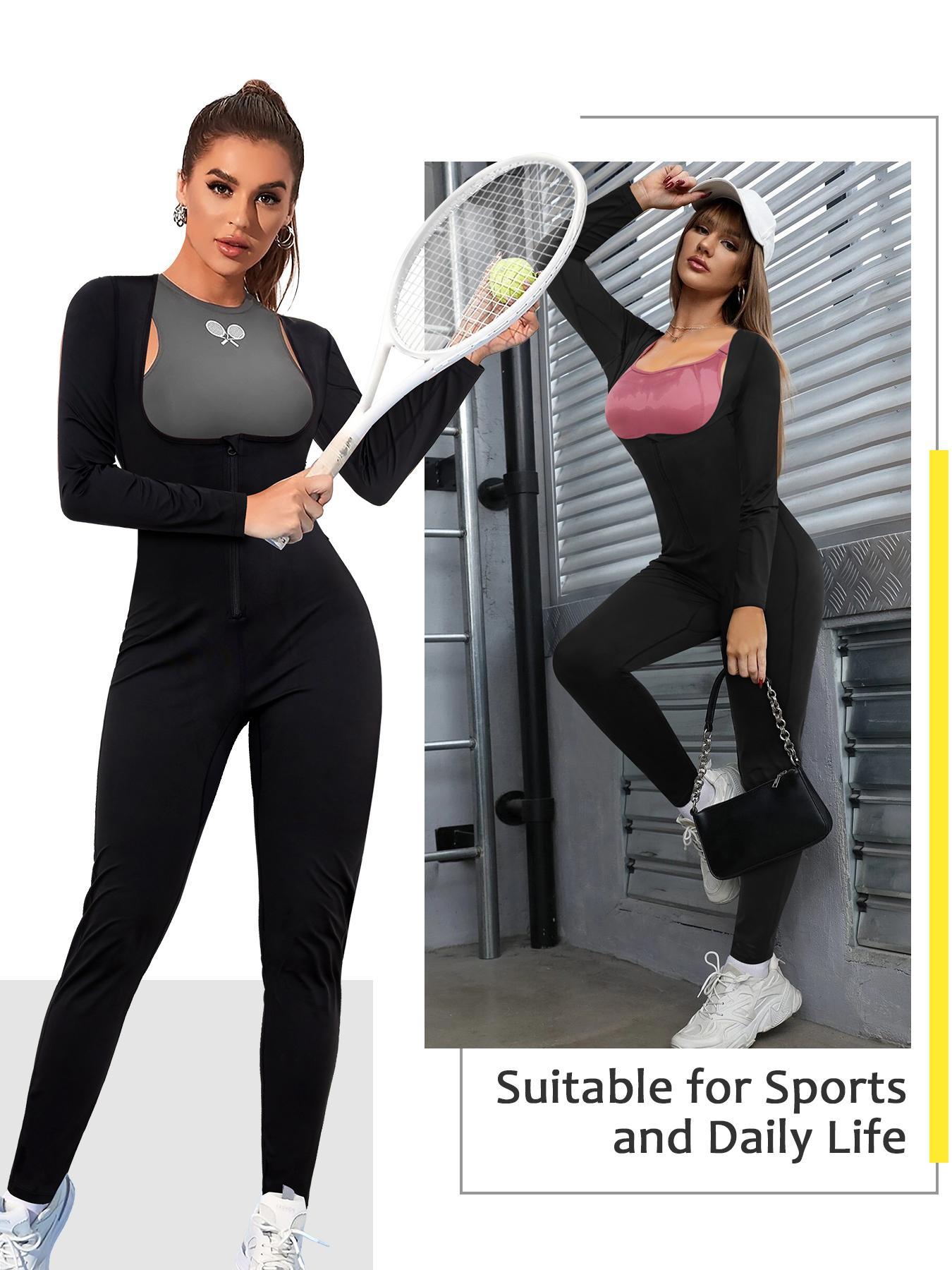 Women's Solid Zip Up Sauna Sports Jumpsuit, Sporty Long Sleeve Square Neck Jumpsuit for Yoga Gym Workout, Ladies Sportswear Stretchable Activewear for All Seasons, Gym Workout Clothes