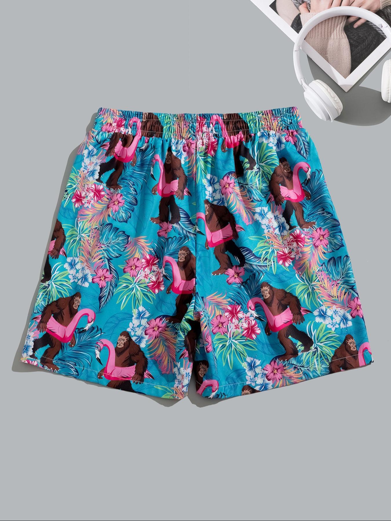 Men's Monkey & Flamingo Print Boxer Brief Swim Trunks, Regular Fit Casual Comfy Swim Shorts for Summer, Men's Swimwear for Beach Vacation