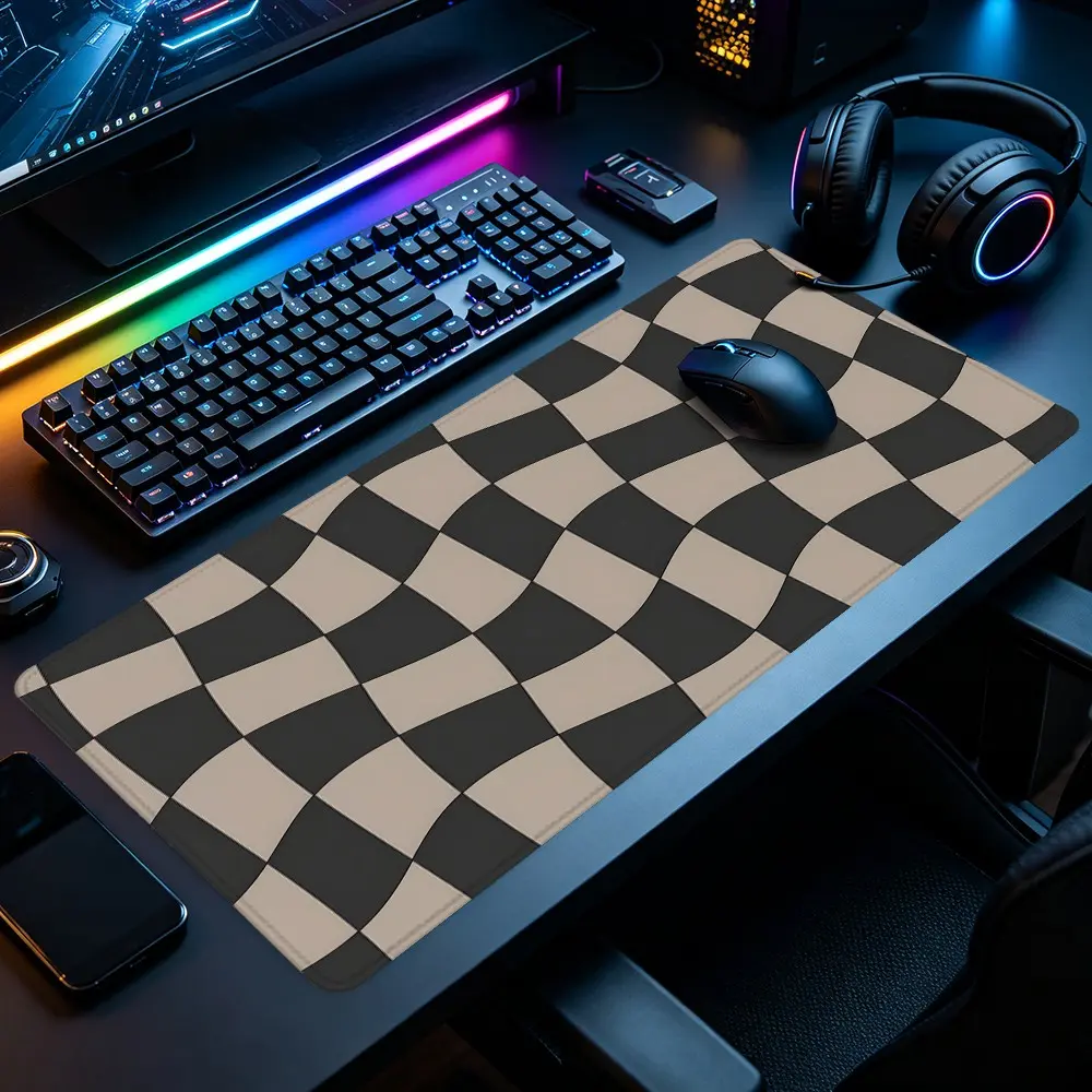 Warped Neutral Checkerboard XXL Gaming Mouse Pad, Cream Brown Minimal Twisted Square Tile Non-Slip Stitched Rubber Desk Mat for Gaming & Home Office, Ideal for Neutral Sleek Minimal Retro Desktop Decor Enthusiasts