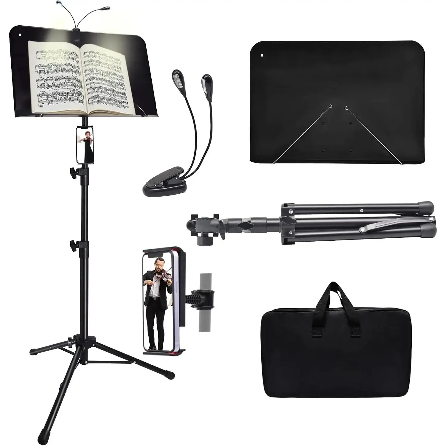 Music Stand with Light & Phone Holder 57" Portable High Stability Height Adjustable with Carrying Bag 33-57inch Plate Without Hole