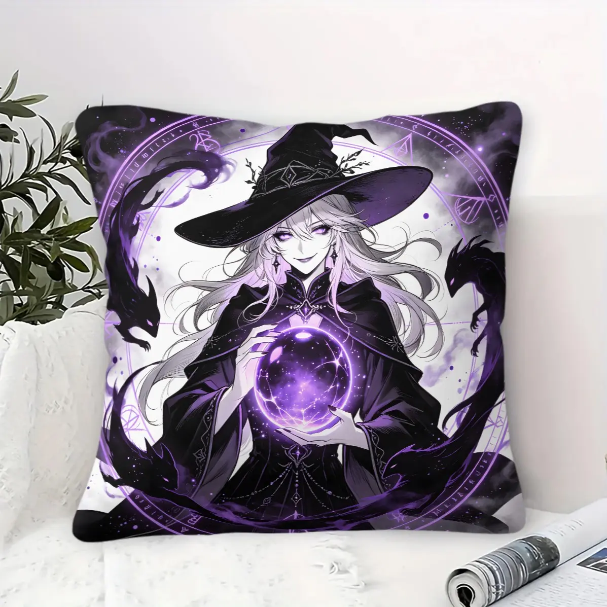 Magic Witch Throw Pillow With Insert, Cartoon Wizard Crystal Ball Magic Circle Shadow Spirit Cat Print Patterns, Gothic Retro Decor Cushion For Sofa Bedroom